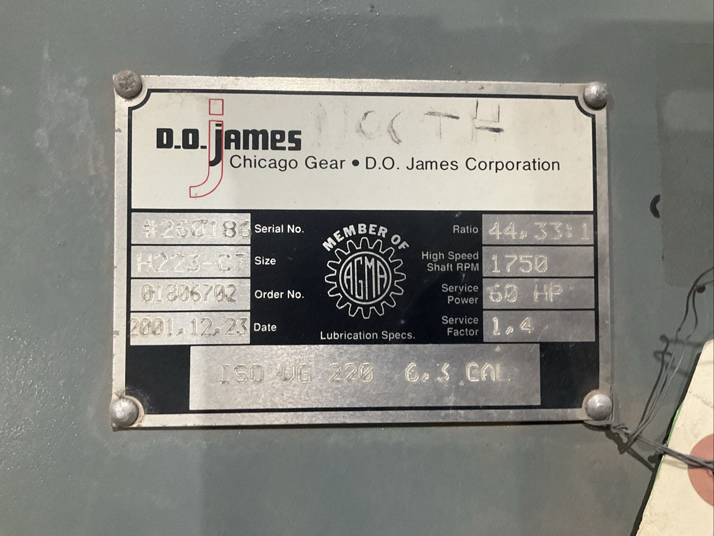D.D. JAMES CHG-H-223-BM-RL GEARBOX MOTOR H223-CT 1750RPM 60HP RATIO 44.33:1 T2M