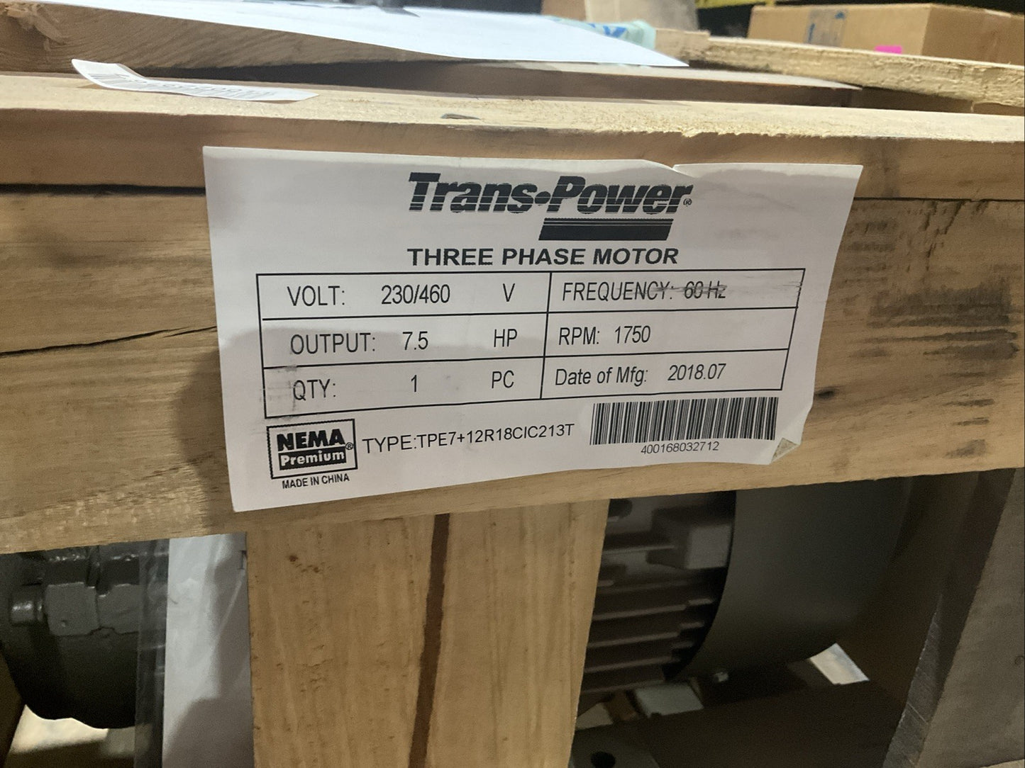 TRANS POWER TPE7+12R18CIC213 T 3 PHASE MOTOR 1750 RPM 7.5 HZ 230/460V T2M