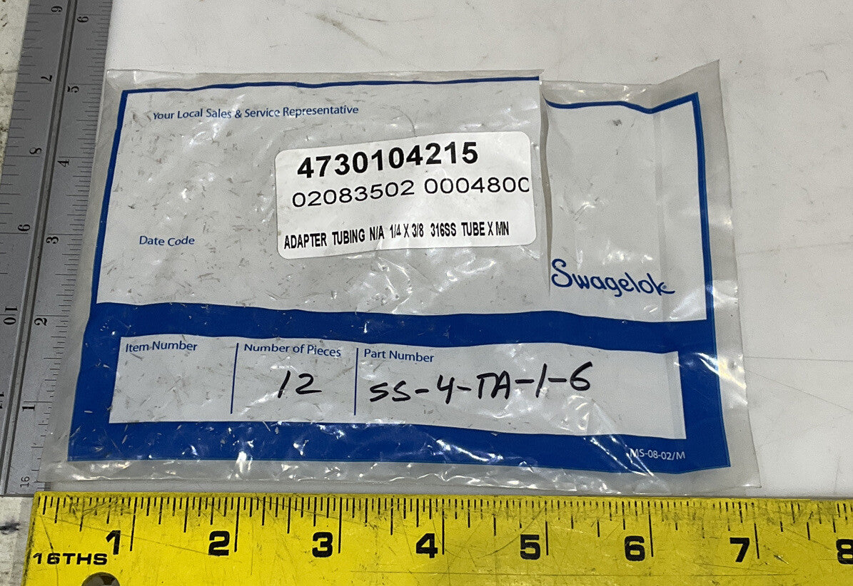 SWAGELOK SS-4-TA-1-6 TUBING ADAPTER LOT OF 12 373