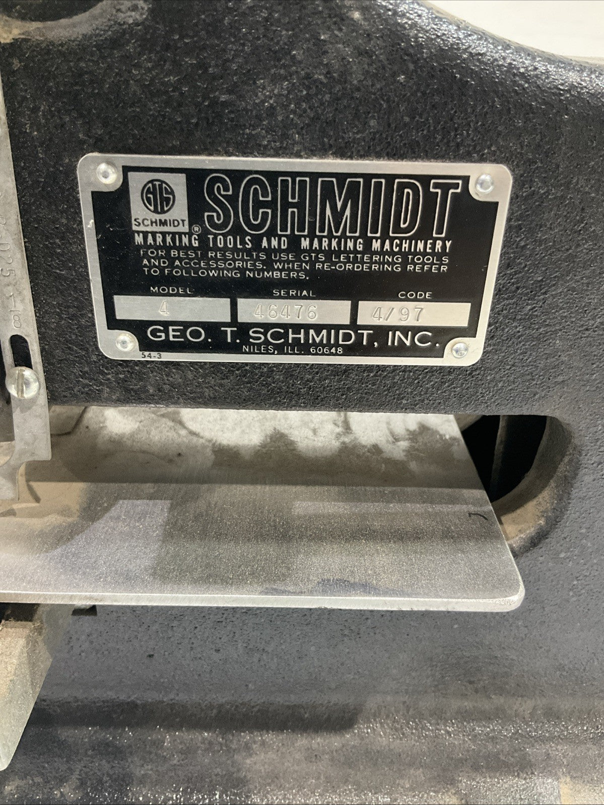 GTS-SCHMIDT  4149-B-D25  46476  4/97  MARKING  MACHINERY  NAMEPLATE  MODEL 4 T2M