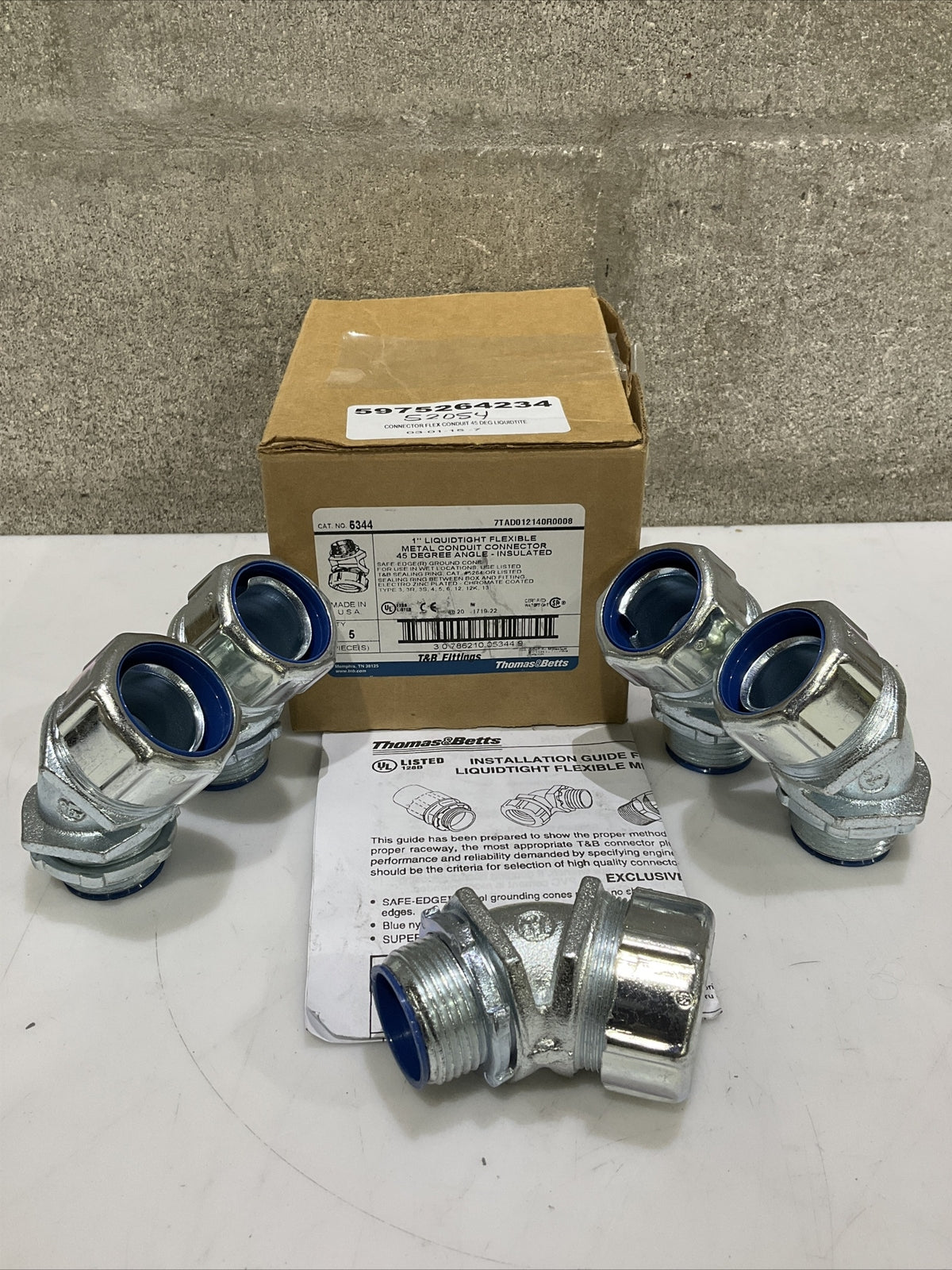 THOMAS & BETTS 5344 LIQUIDTIGHT FLEXIBLE METAL CONDUIT CONNECTOR 45 LOT OF 5 373