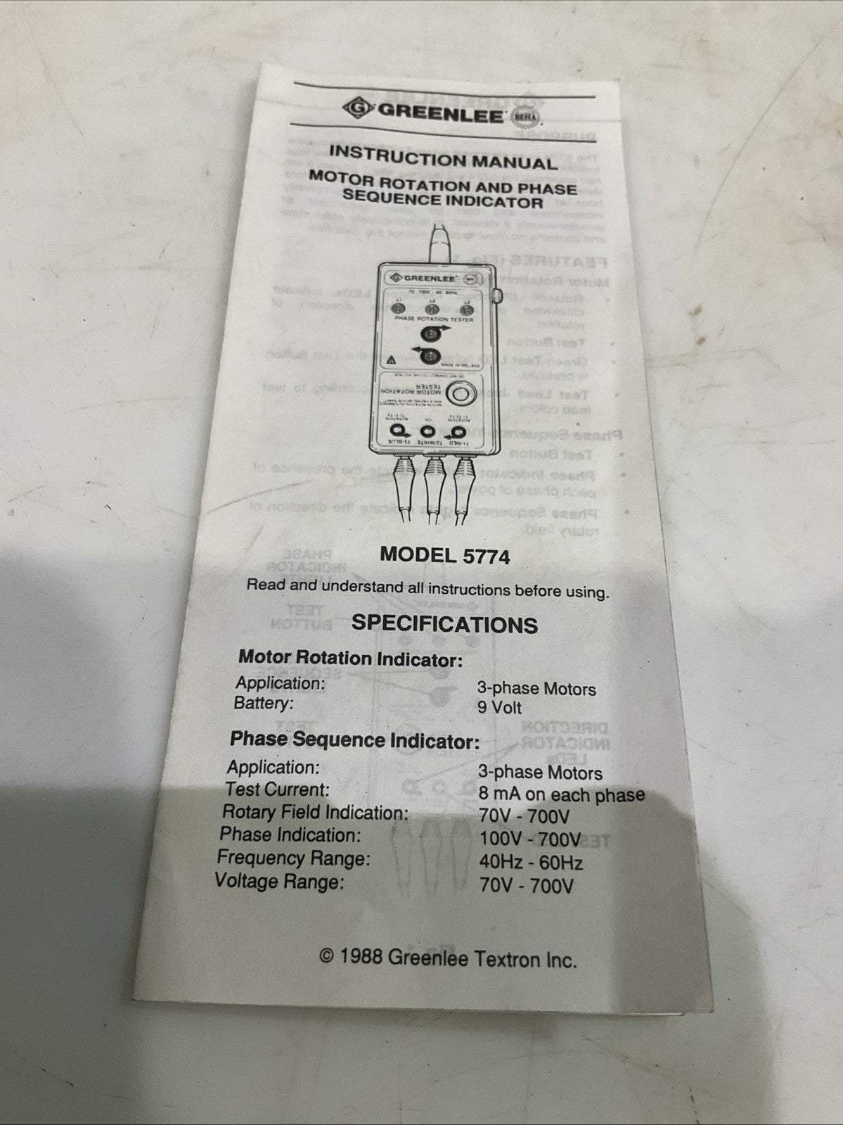 GREENLEE   DR701  PHASE  ROTATION  TESTER  AND SEQUENCE  INDICATOR  T2M
