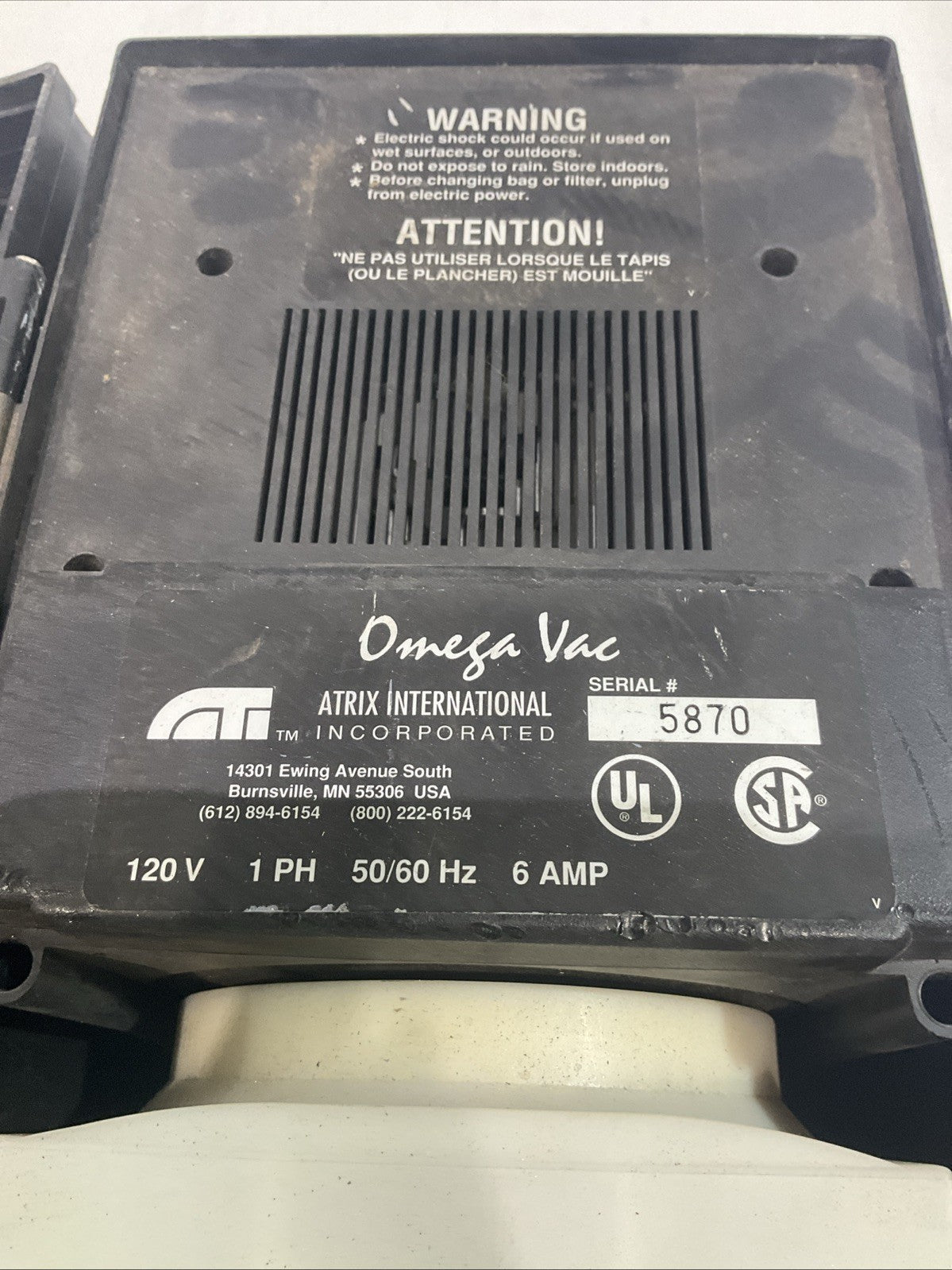 ATRIX OMEGA VAC OF712UL/OF992UL ULPA VACUUM FILTER SERIAL 5870 120V 50/60HZ T2M