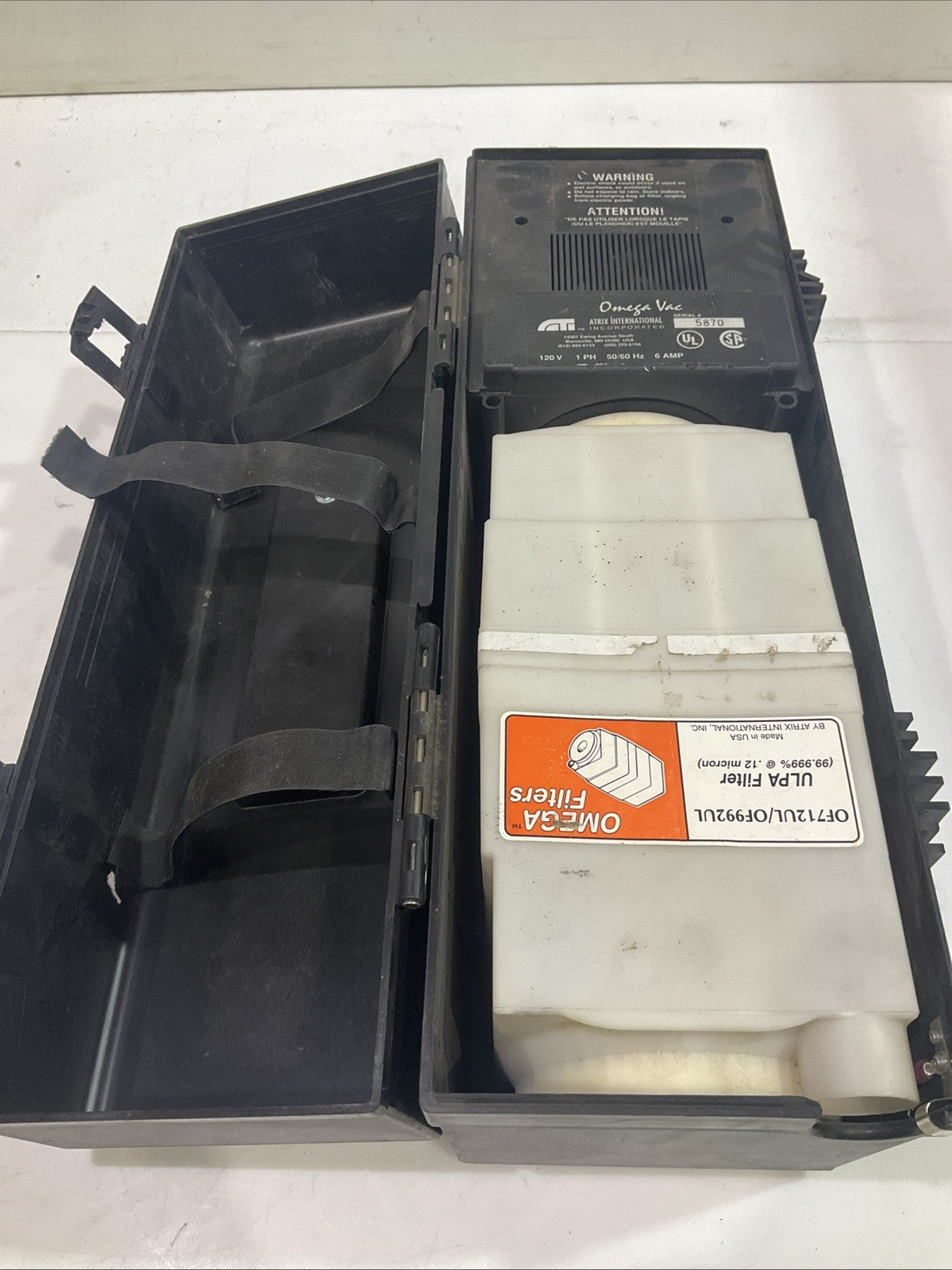 ATRIX OMEGA VAC OF712UL/OF992UL ULPA VACUUM FILTER SERIAL 5870 120V 50/60HZ T2M