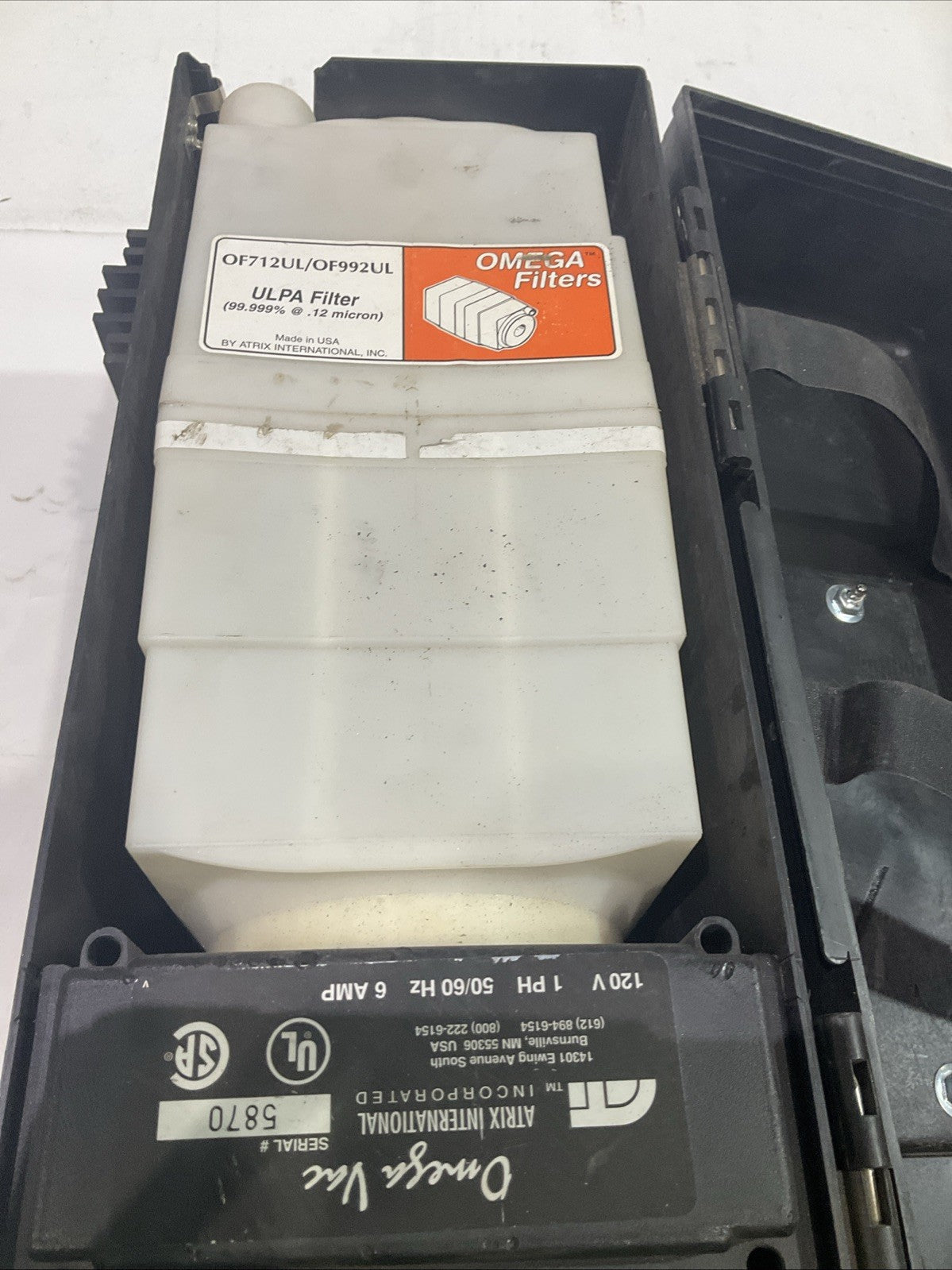 ATRIX OMEGA VAC OF712UL/OF992UL ULPA VACUUM FILTER SERIAL 5870 120V 50/60HZ T2M