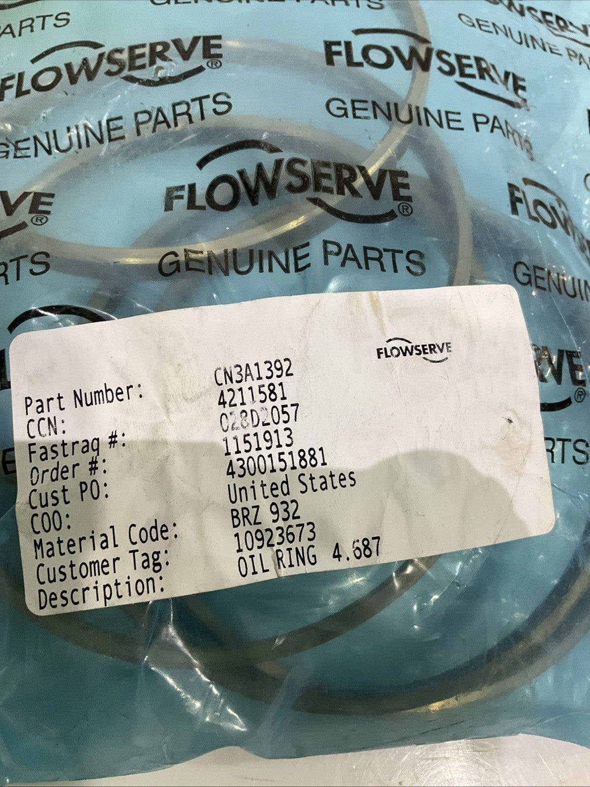 FLOWSERVE CN3A1392 OIL RING BRZ 932 4.687IN ID - QTY 10  678