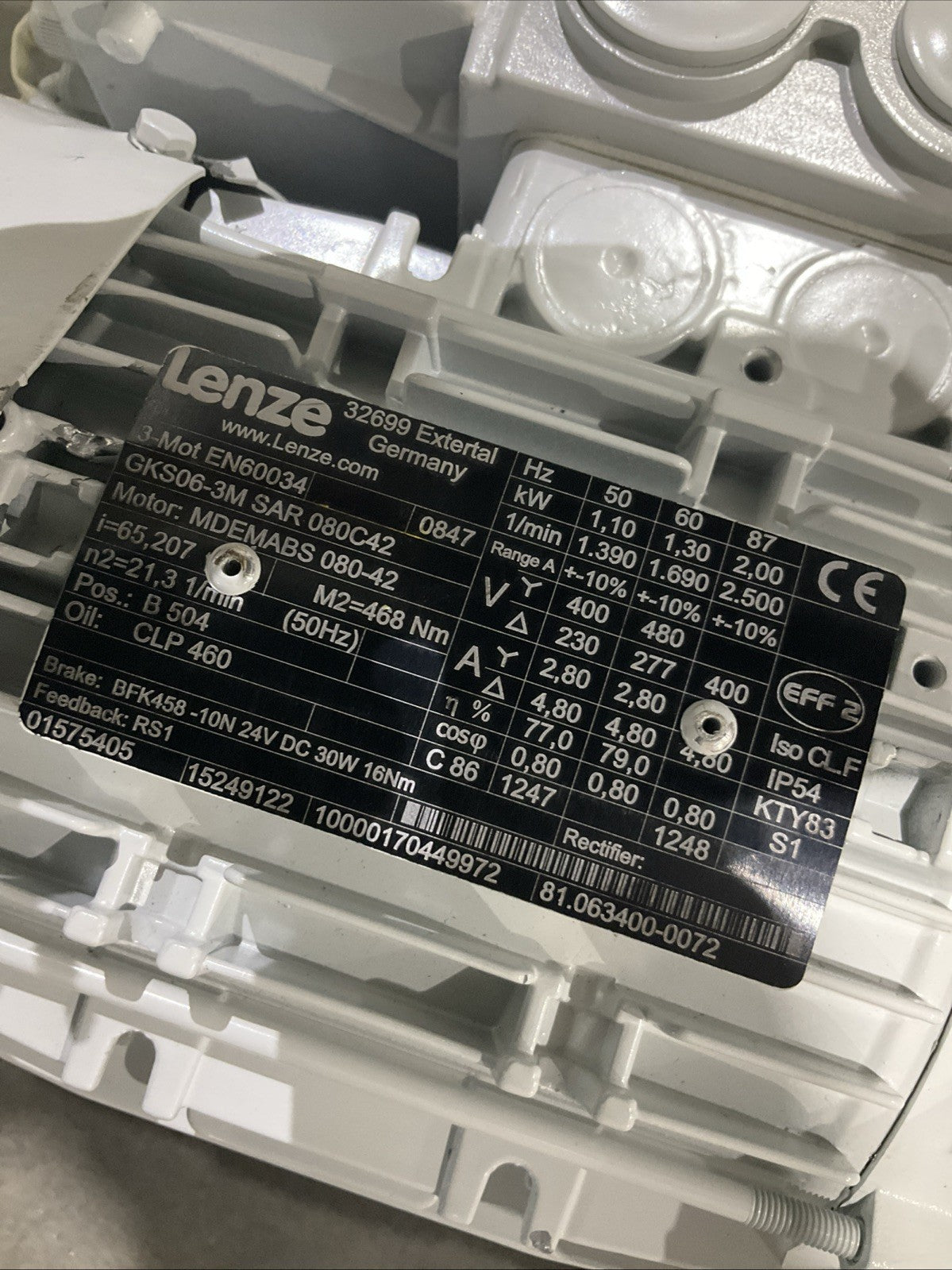 LENZE  EN60034 GKS06-3M SAR 080C42  MDEMABS 0847  GEAR  MOTOR  V2M