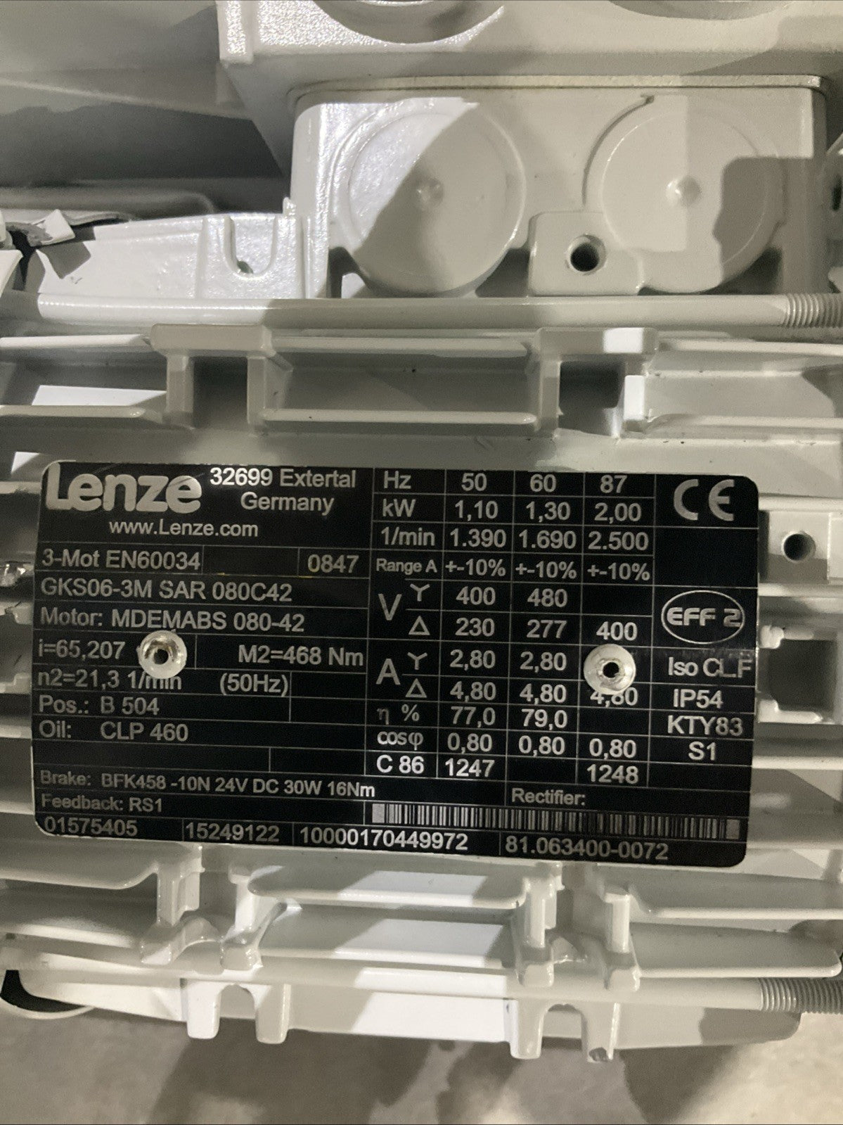 LENZE  EN60034 GKS06-3M SAR 080C42  MDEMABS 0847  GEAR  MOTOR  V2M