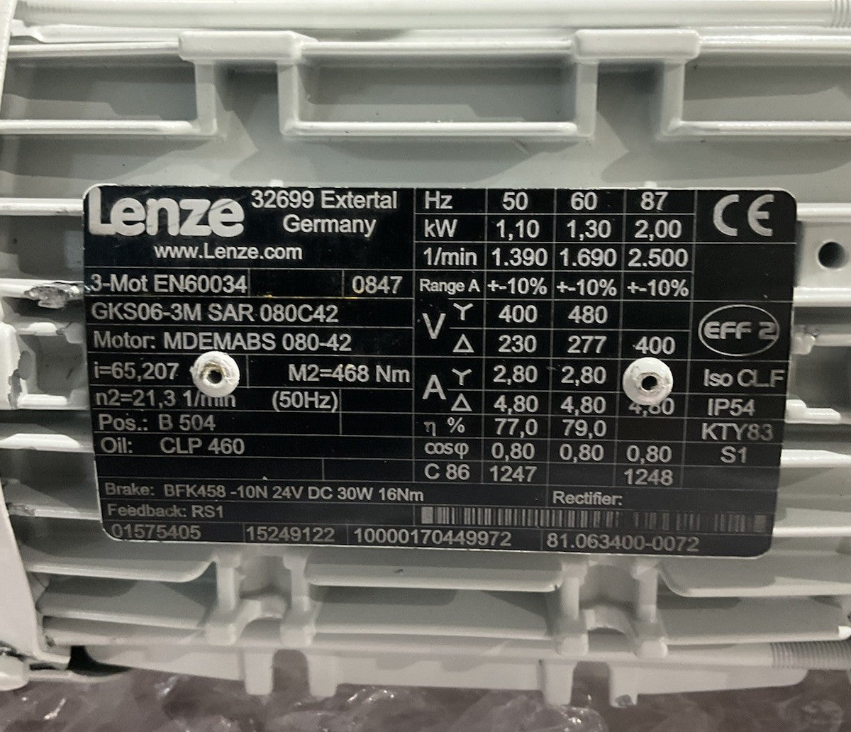 LENZE  EN60034 GKS06-3M SAR 080C42  MDEMABS 0847  GEAR  MOTOR  V2M