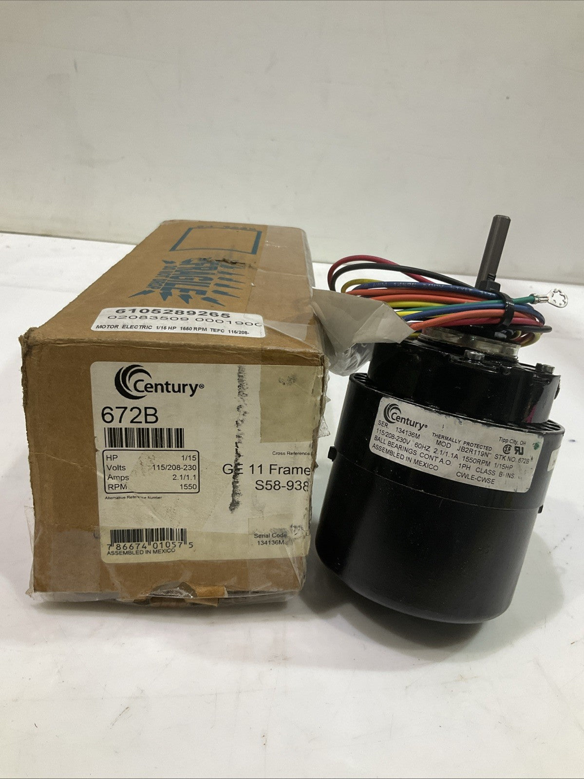 CENTURY 672B GE 11 FRAME MOTOR ELECTRIC 1/15HP S58-938 MOD JB2R119N 60HZ 373