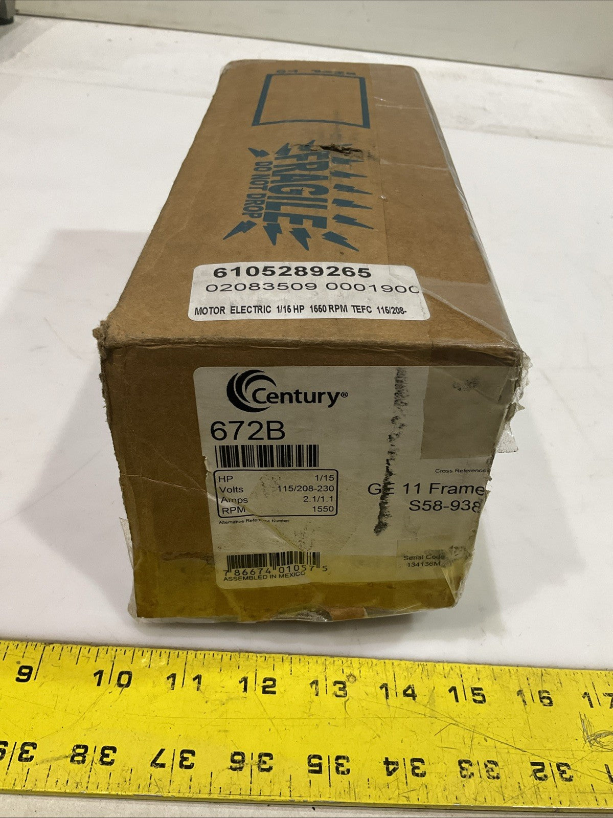 CENTURY 672B GE 11 FRAME MOTOR ELECTRIC 1/15HP S58-938 MOD JB2R119N 60HZ 373