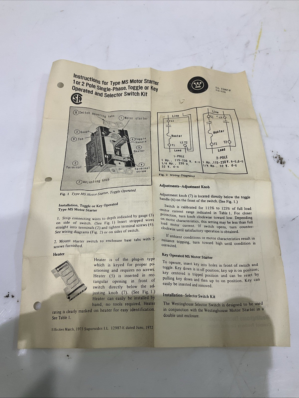 WESTINGHOUSE MST01 MANUAL STARTER SWITCH TOGGLE 1 POLE 373
