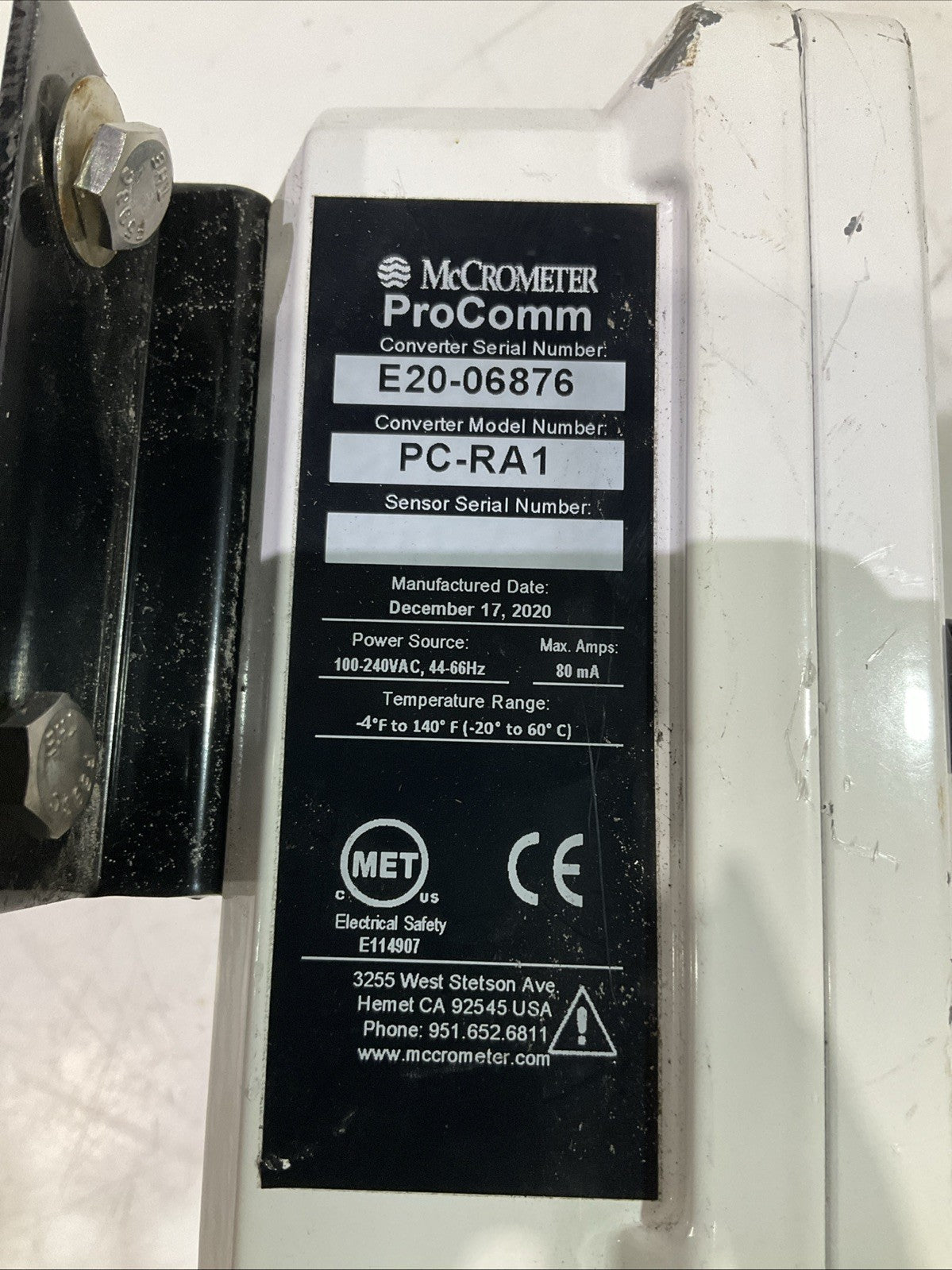 MCCROMETER   PC-RA1  E20-06876  ELECTROMAGNETIC  FLOWMETER  CONVERTER   K2M