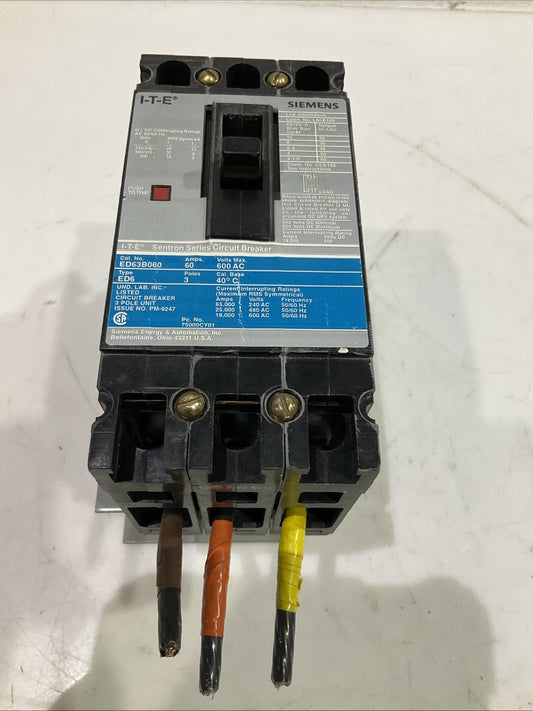 SIEMENS I.T.E  ED63B060  3POLE  SENTRON  CIRCUIT BREAKER  60AMPS  600V  F2M