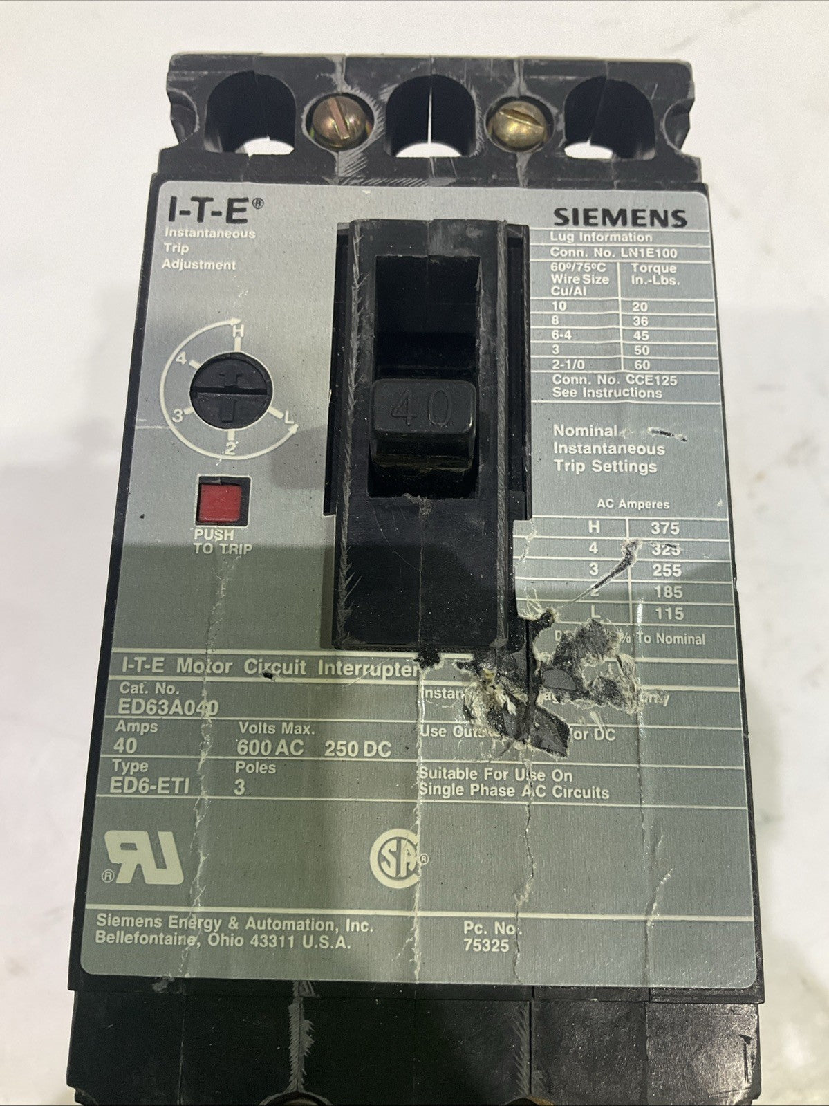 SIEMENS I.T.E   ED63A040 MOTOR CIRCUIT BREAKER  INTERRUPTER   F2M