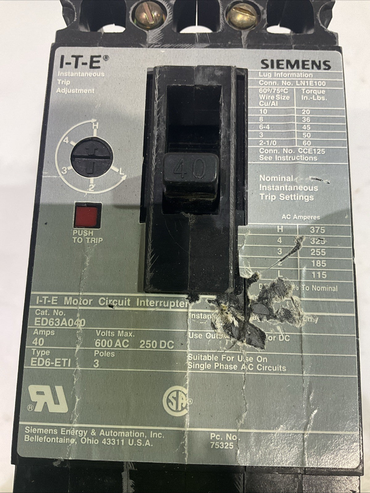 SIEMENS I.T.E   ED63A040 MOTOR CIRCUIT BREAKER  INTERRUPTER   F2M