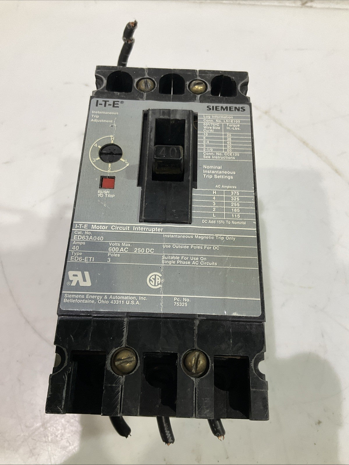 SIEMENS I.T.E  ED63A040 MOTOR  CIRCUIT BREAKER  INTERRUPTER  F2M