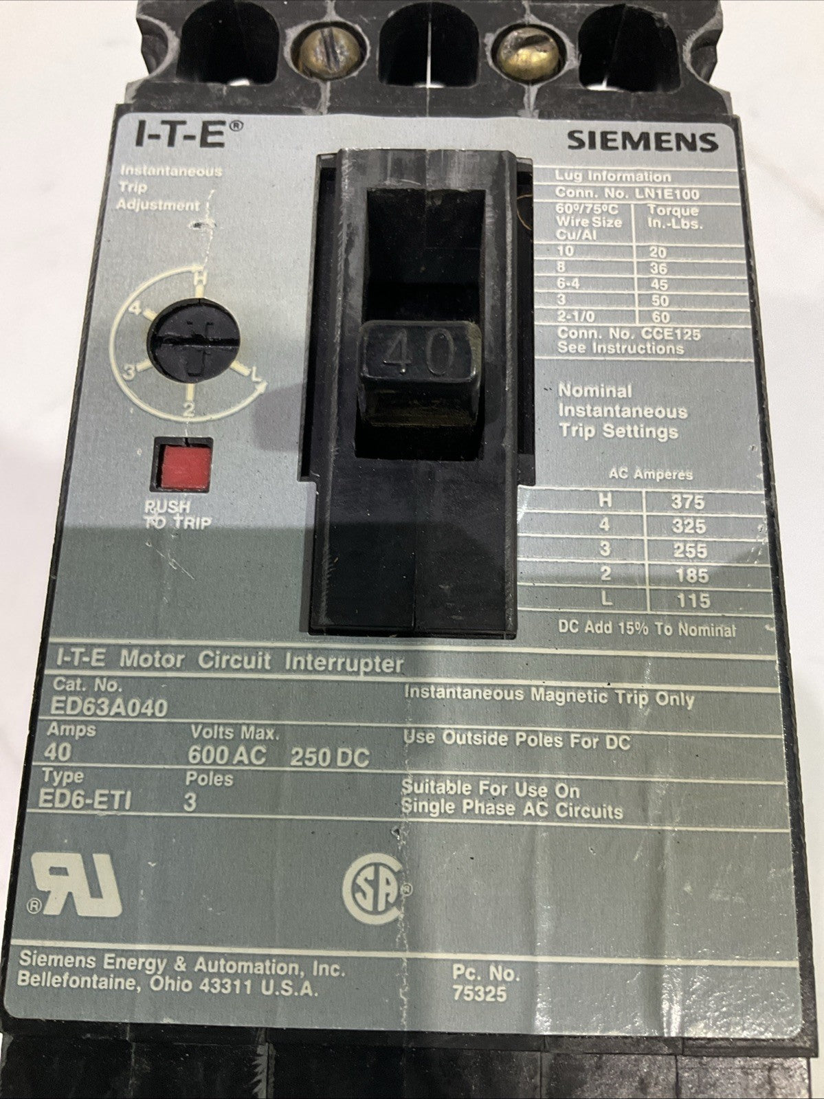 SIEMENS I.T.E  ED63A040 MOTOR  CIRCUIT BREAKER  INTERRUPTER  F2M