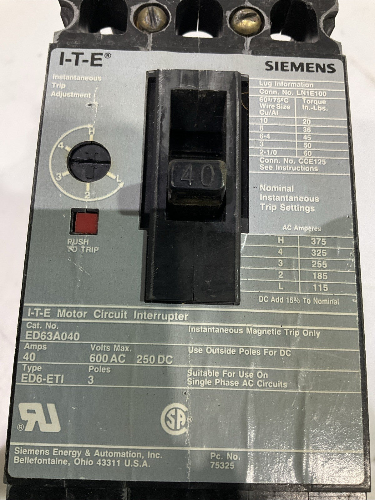 SIEMENS I.T.E  ED63A040 MOTOR  CIRCUIT BREAKER  INTERRUPTER  F2M