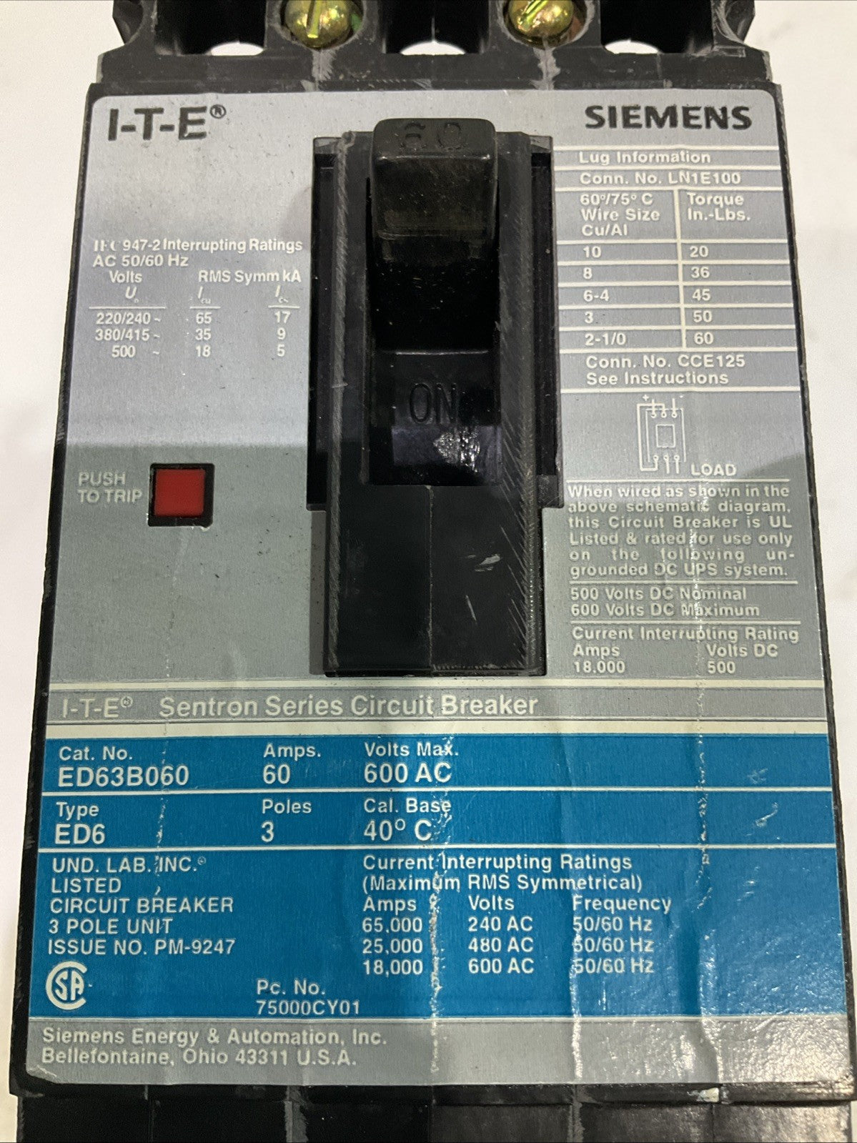 SIEMENS I-T-E  ED63B060  SENTRON SIRIES 3POLE CIRCUIT BREAKER  60AMPS  600AC F2M