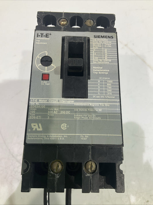 SIEMENS I.T.E  ED63A100  3POLE CIRCUIT BREAKER  MOTOR  600AC  100AMPS 250DC F2M