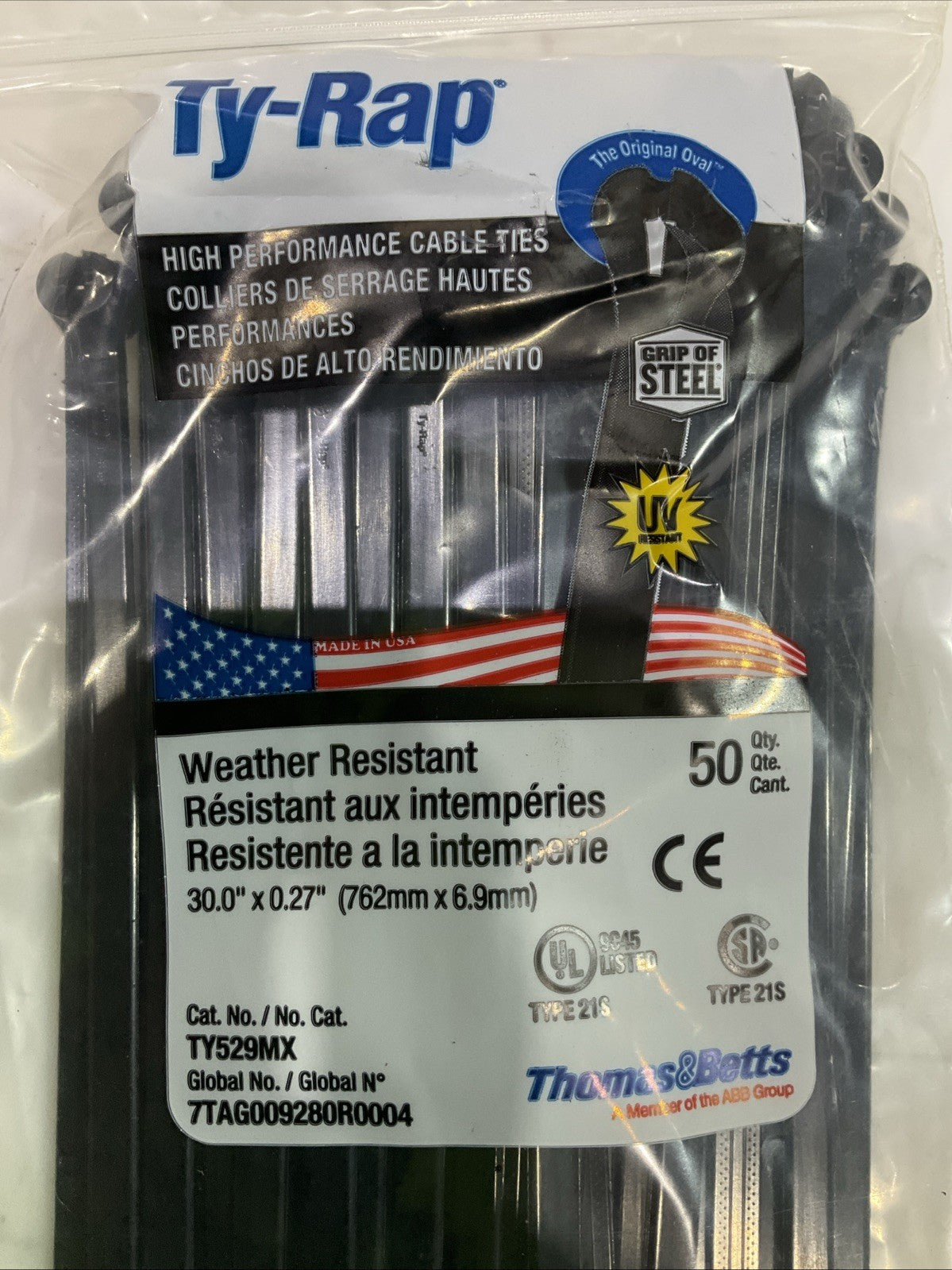 THOMAS&BETTS  TY529MX TY-RAP WATER RESISTANT CABLE ZIP TIE 30.0X0.27 QTY 500 A9T
