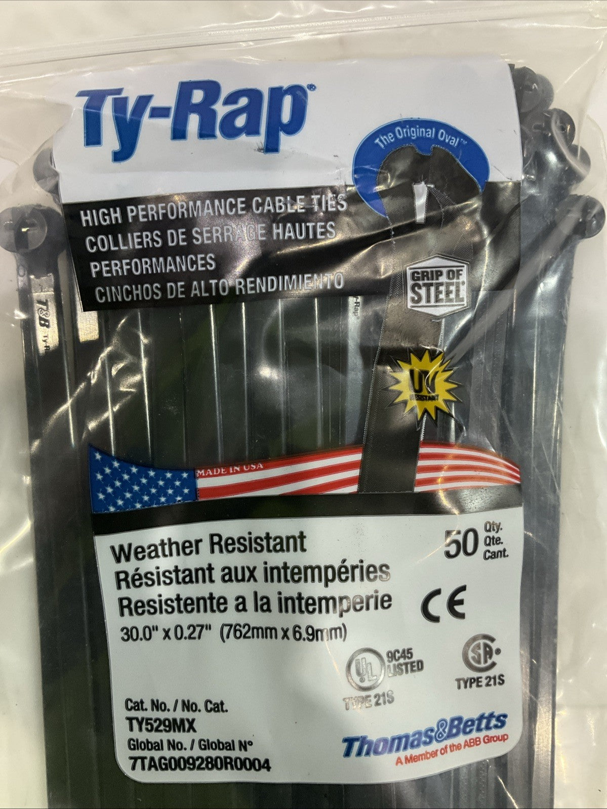 THOMAS&BETTS  TY529MX TY-RAP WATER RESISTANT CABLE ZIP TIE 30.0X0.27 QTY 500 A9T