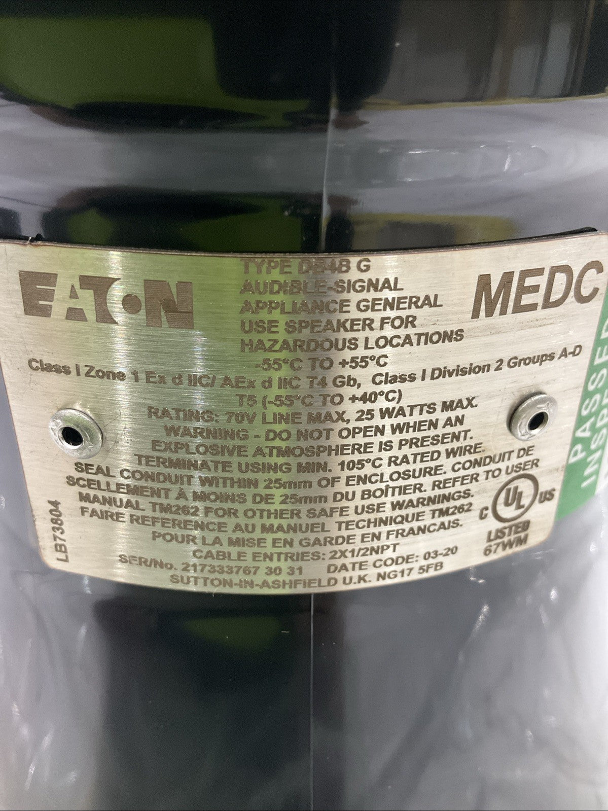 EATON-MEDC  DB4B G  25W EXPLOSION PROOF  LOUDSPEAKER RANGE  A9T