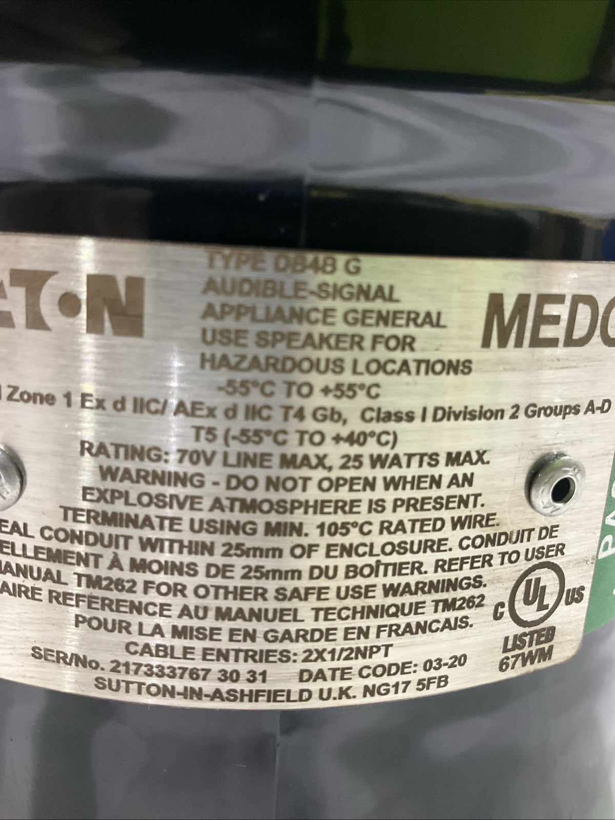 EATON-MEDC  DB4B G  25W EXPLOSION PROOF  LOUDSPEAKER RANGE  A9T