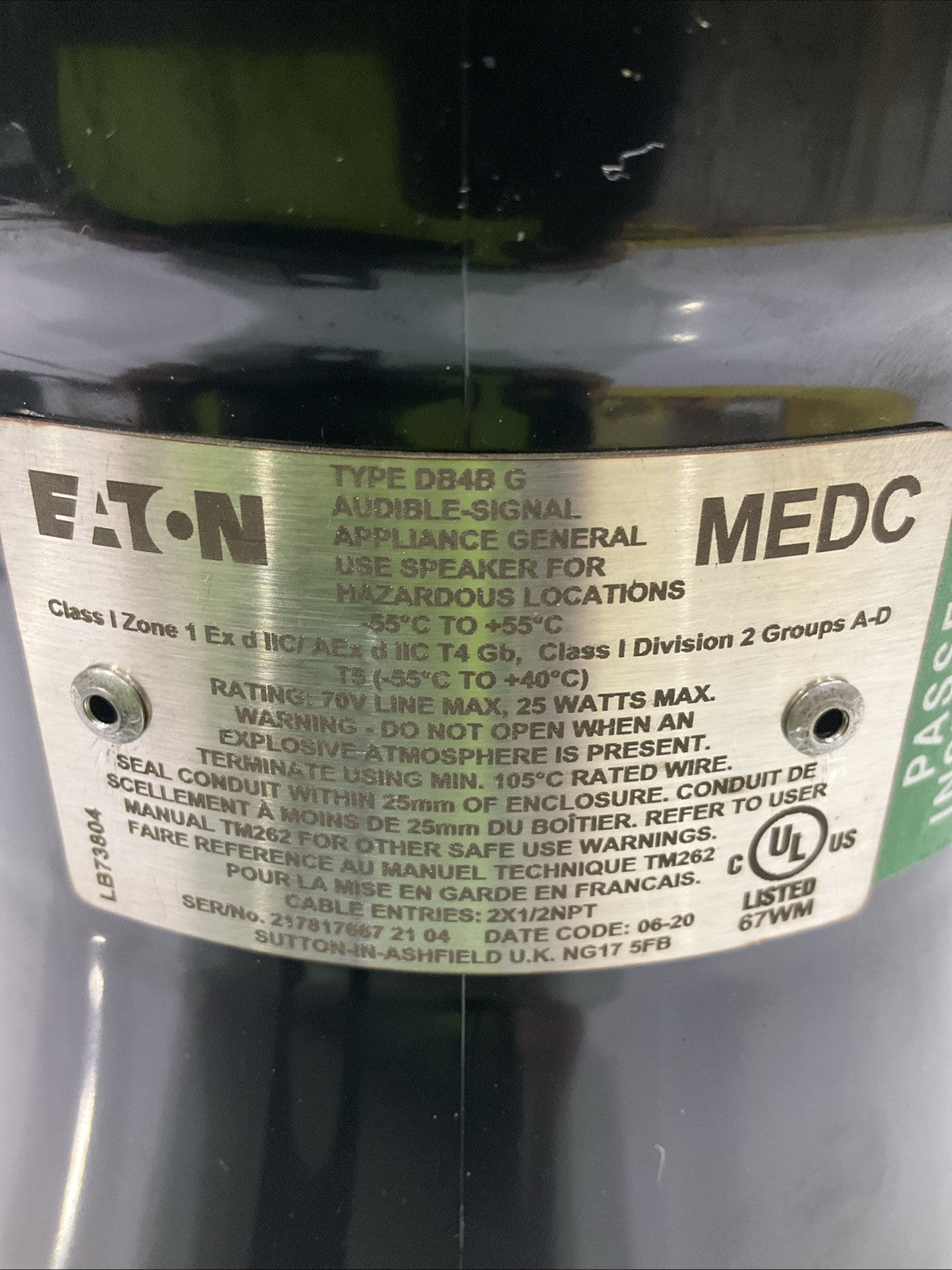 EATON-MEDC   DB4BG  25W EXPLOSION  PROOF  LOUDSPEAKER RANGE  A9T