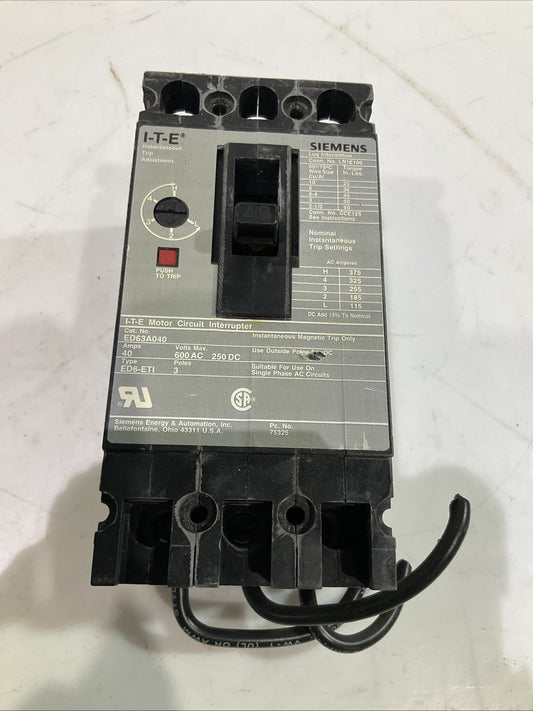 SIEMENS  I.T.E  ED63A040  3POLE  MOTOR  CIRCUIT BREAKER  40AMPS  600AC  F2M