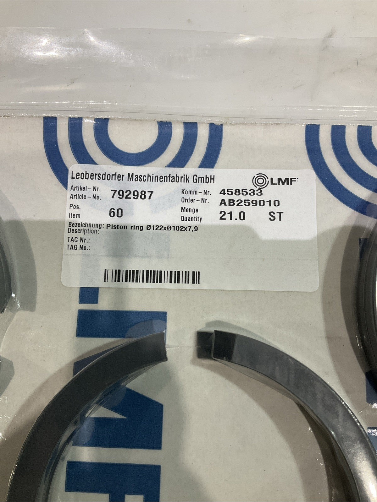 LMF  792987  458533 PISTON CYLINDER  RING 122X102X7.9MM  LOT OF 5  J8K