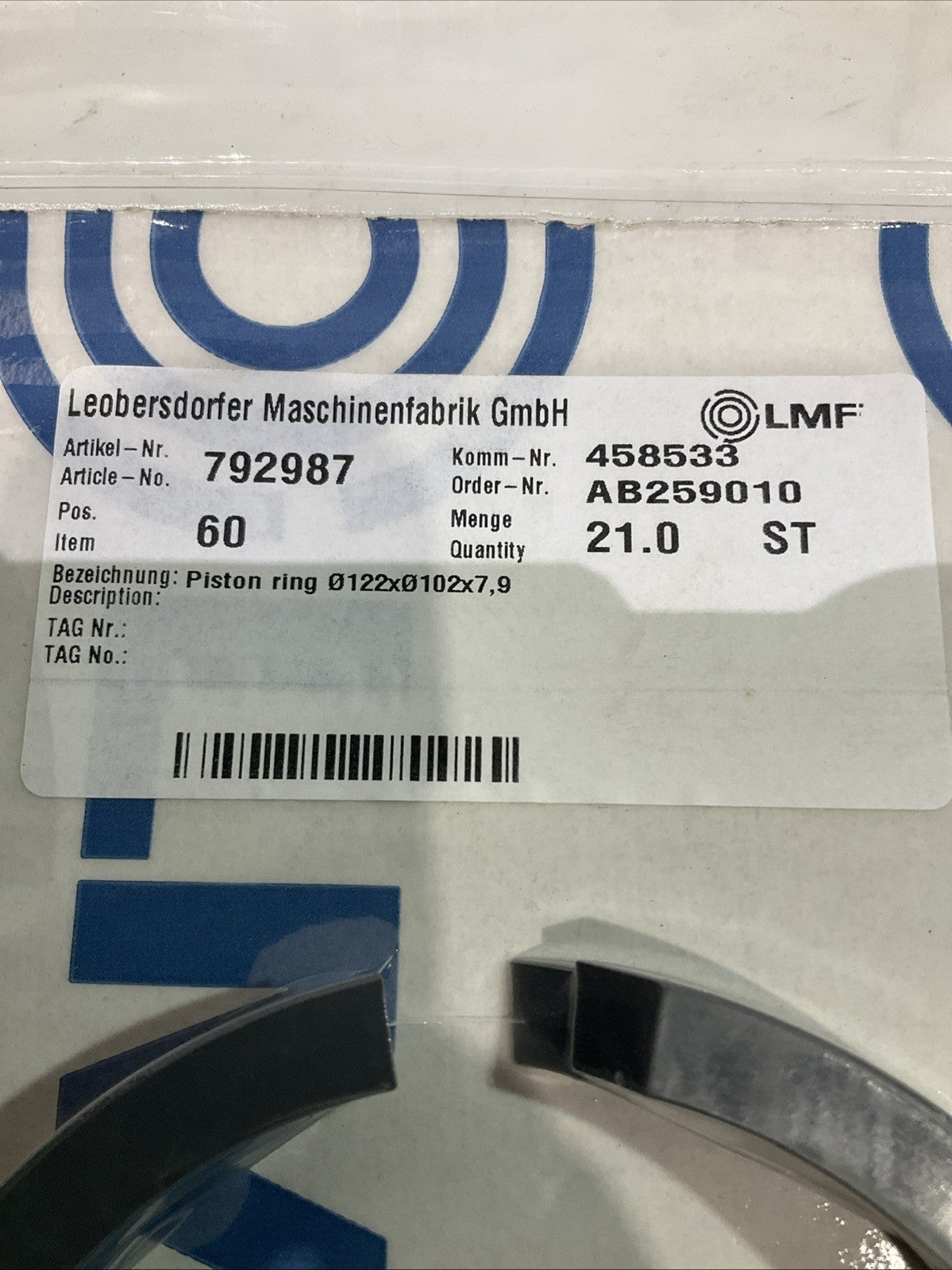LMF  792987  458533 PISTON CYLINDER  RING 122X102X7.9MM  LOT OF 5  J8K