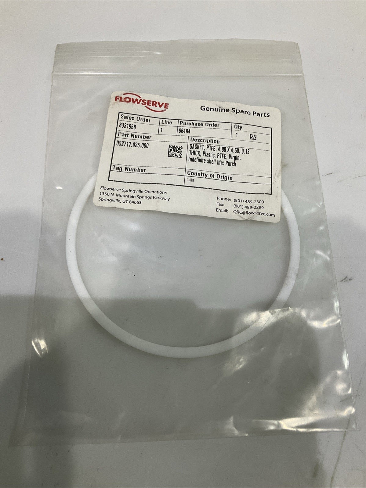 FLOWSERVE  001793.925.000  GASKET  PTFE  4.62X4.25 0.15 THICK PLASTIC  QTY 2 Y2M