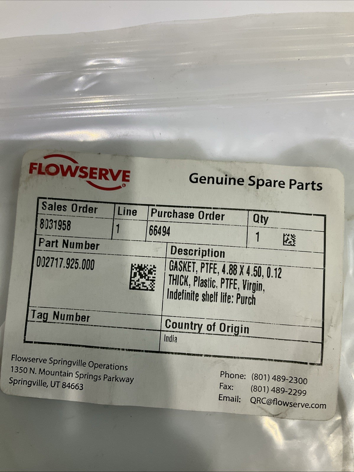 FLOWSERVE  001793.925.000  GASKET  PTFE  4.62X4.25 0.15 THICK PLASTIC  QTY 2 Y2M