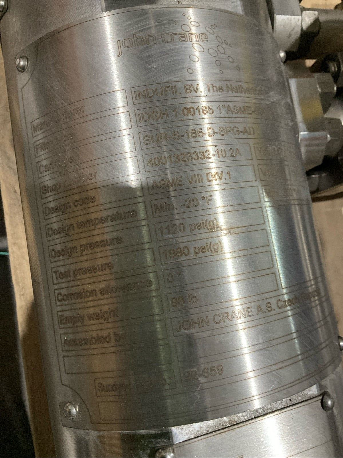 JOHN CRANE IDGH 1-00185 1 ASME-600LBS INDUFIL FCF SEAL GAS FILTRATION SYSTEM A9T