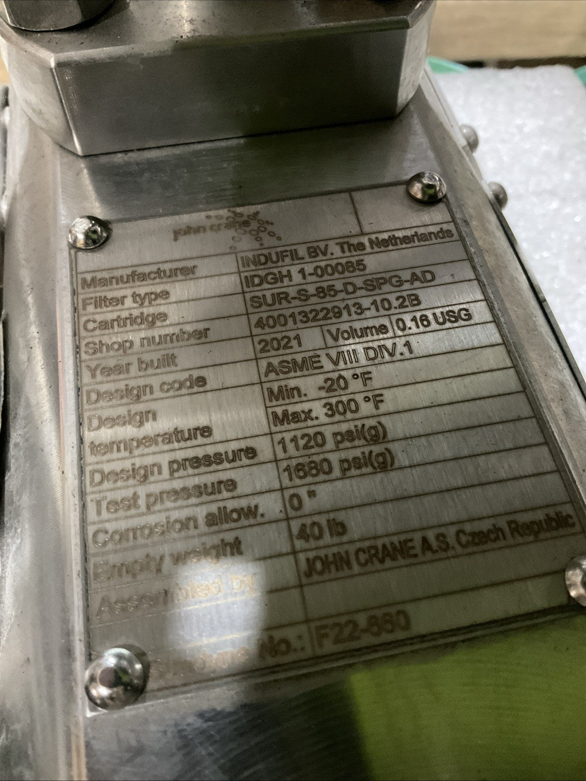 JONH  CRANE  IDGH 1-00085  SUR-S85D-SPG-AD 40LB  SEAL  GAS FILTRATION SYSTEM A9T