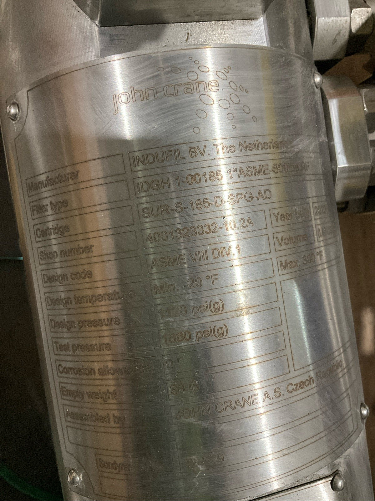 JOHN CRANE IDGH 1-00185 1 ASME-600LBS INDUFIL FCF SEAL GAS FILTRATION SYSTEM A9T