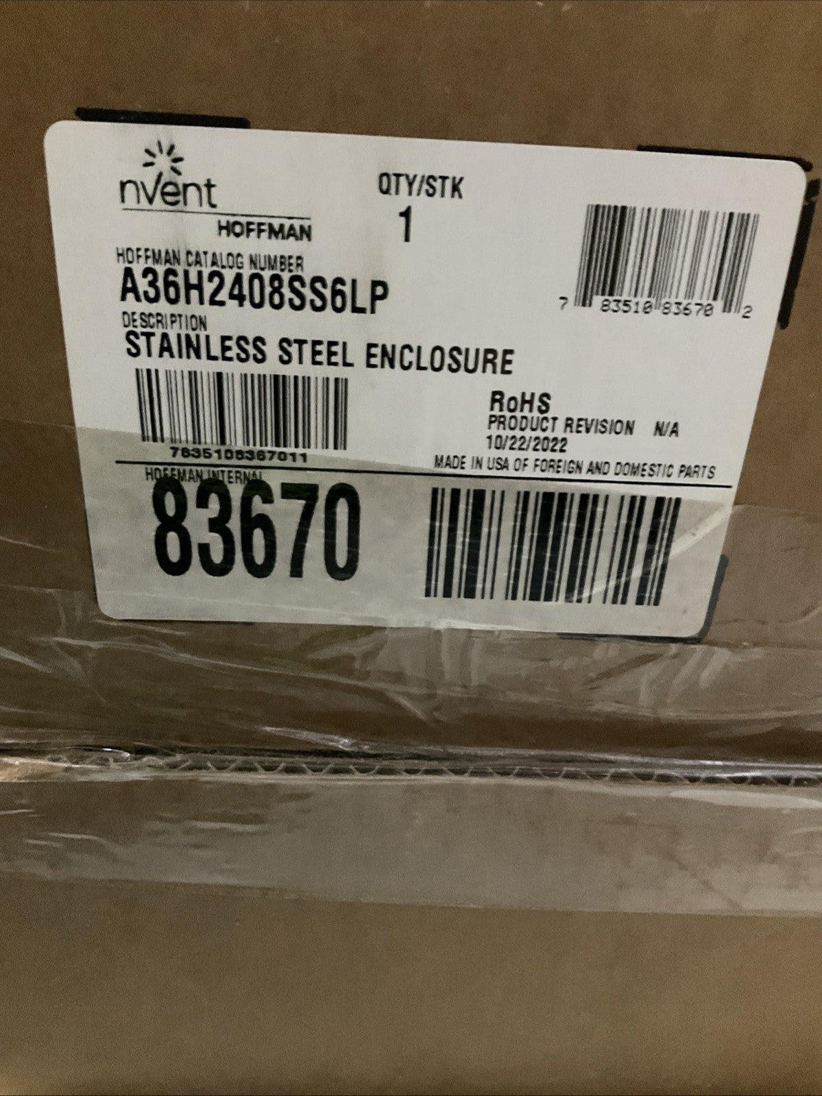 NVENT-HOFFMAN  A36H2408SS6LP  STAINLESS STEEL ENCLOSURE 83670   Q9W