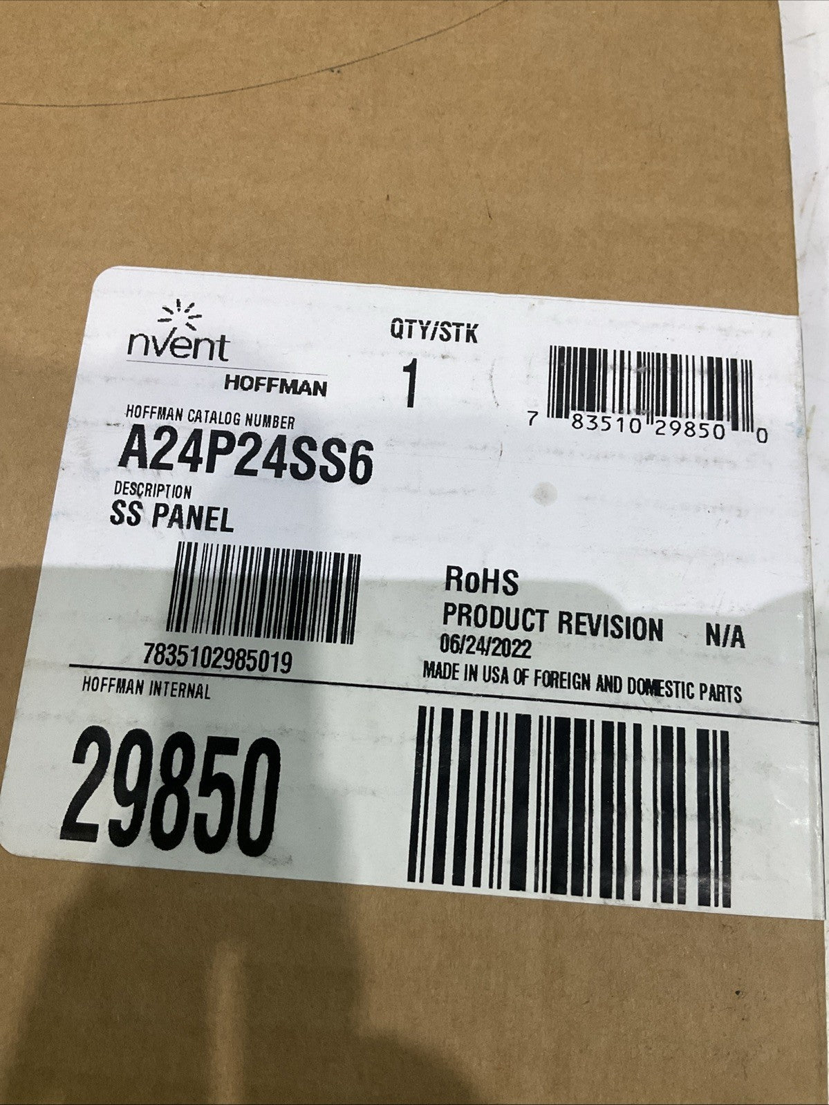 NVENT-HOFFMAN  A24P24SS6 24X24 SSMETAL  STAINLESS STEEL PANELS  Q9W