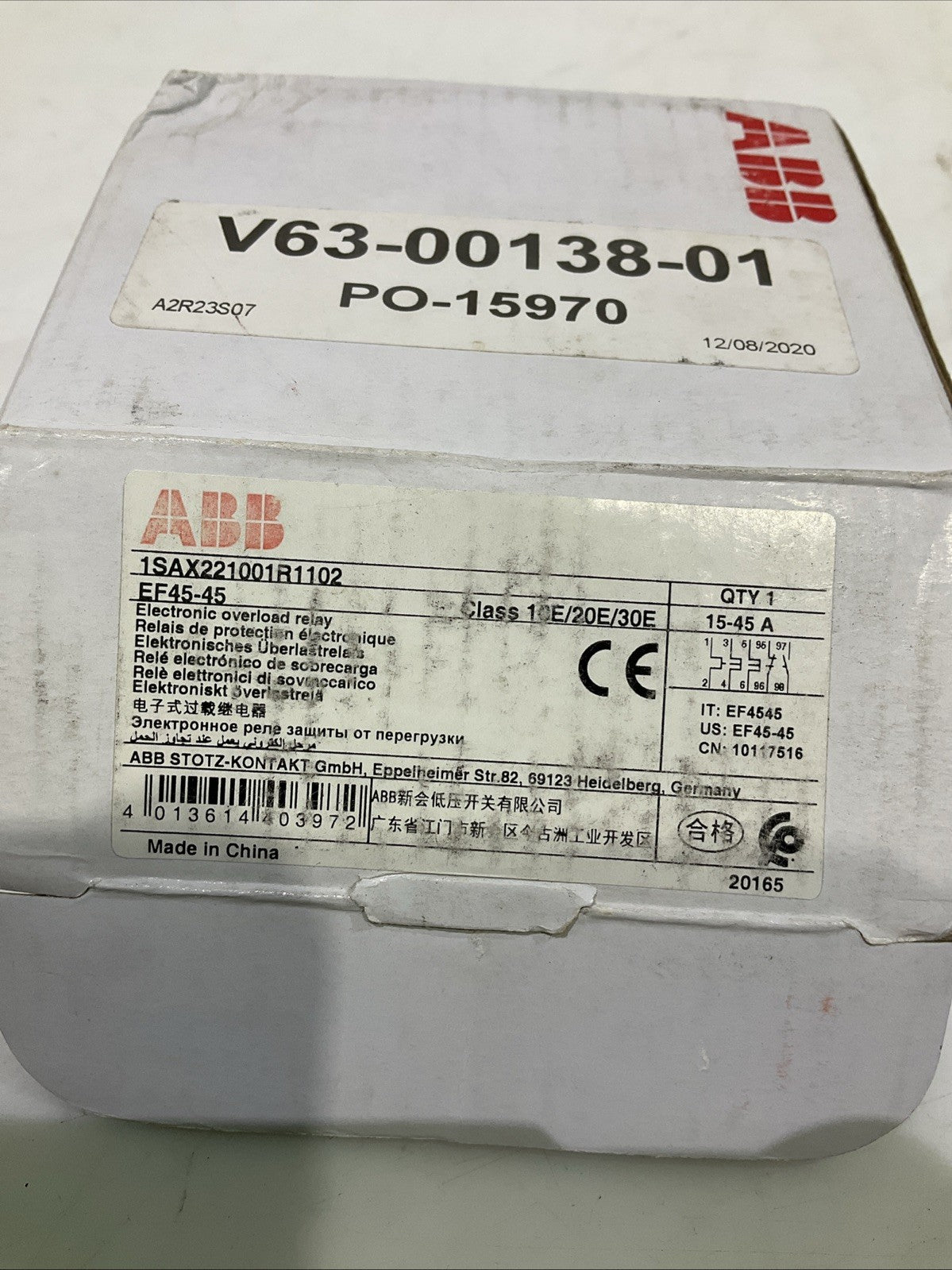 ABB  EF45-45  1SAX221001R1102  ELECTRONIC  RELAY  OVERLOAD  Q9W