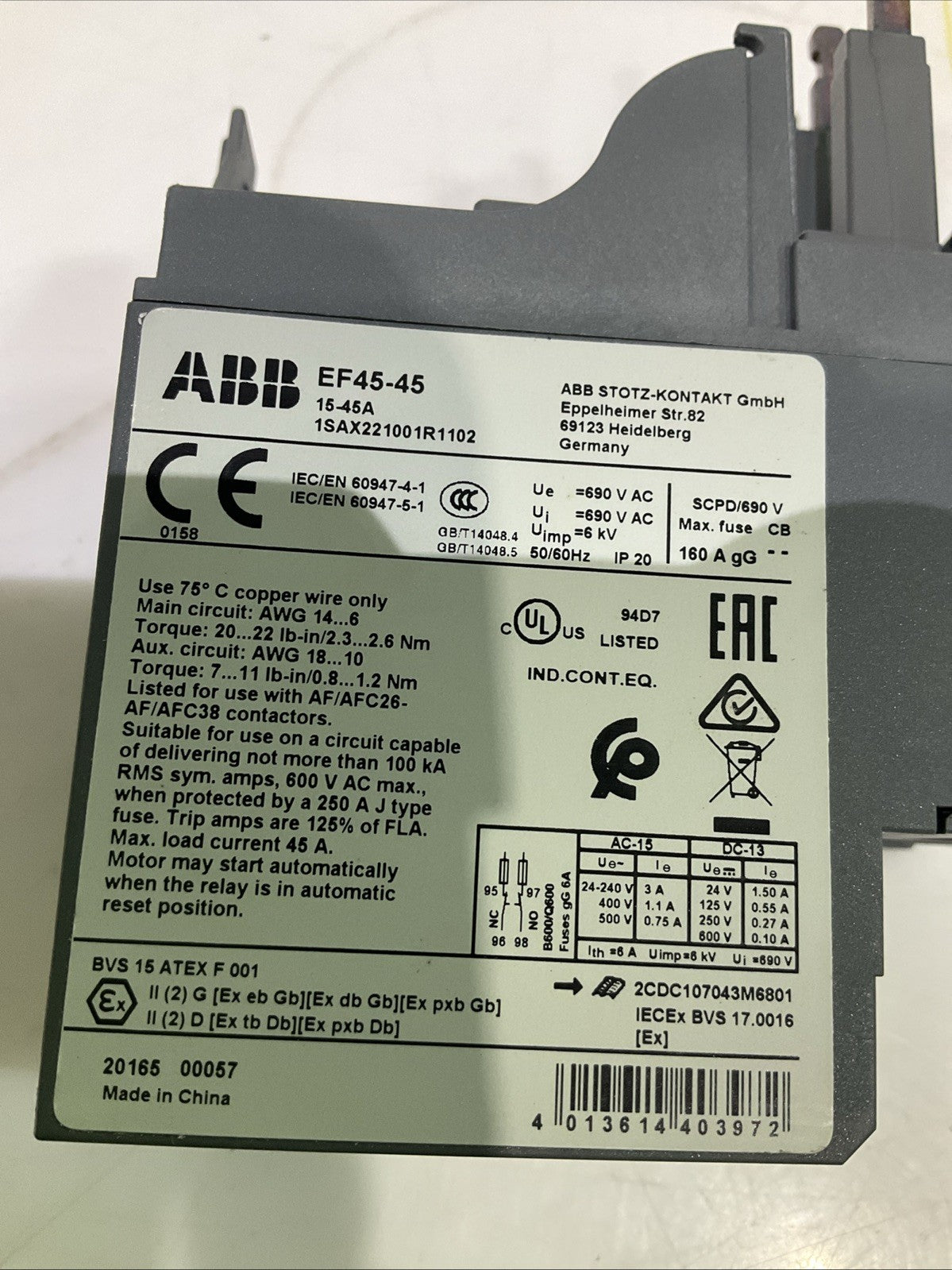 ABB  EF45-45  1SAX221001R1102  ELECTRONIC  RELAY  OVERLOAD  Q9W