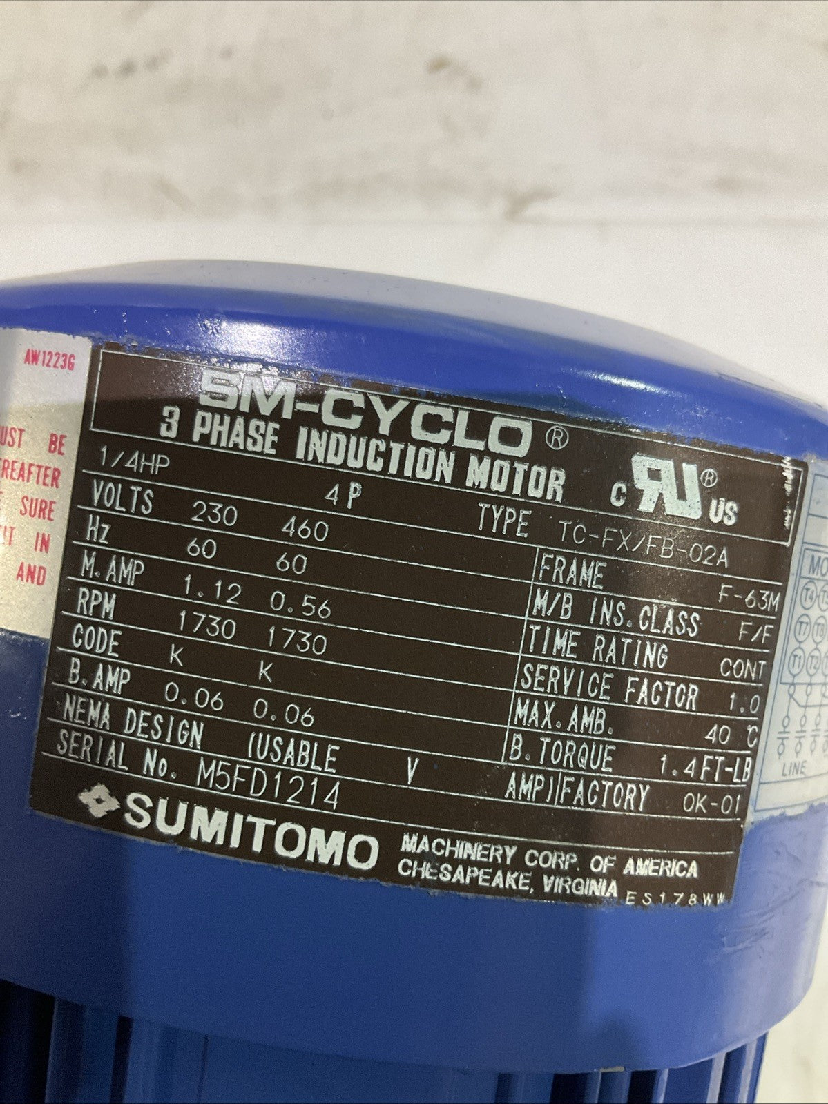SUMITOMO SM-HYPONIC 1/4HP TC-FXFB-02A  3PH INDUCTION MOTOR  460V 1730RPM  R5T