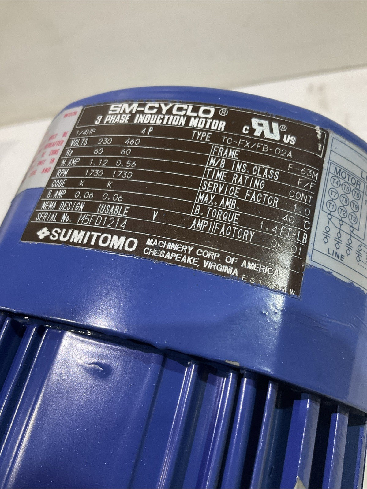 SUMITOMO SM-HYPONIC 1/4HP TC-FXFB-02A  3PH INDUCTION MOTOR  460V 1730RPM  R5T