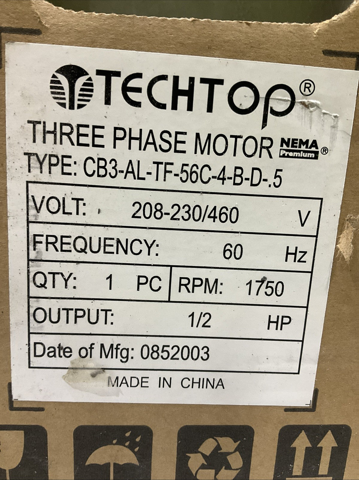 TECHTOP  CB3-AL-TF-56C-4-B-D-.5 THREE PHASE  MOTOR  60HZ RPM 1750 1/2HP R5T