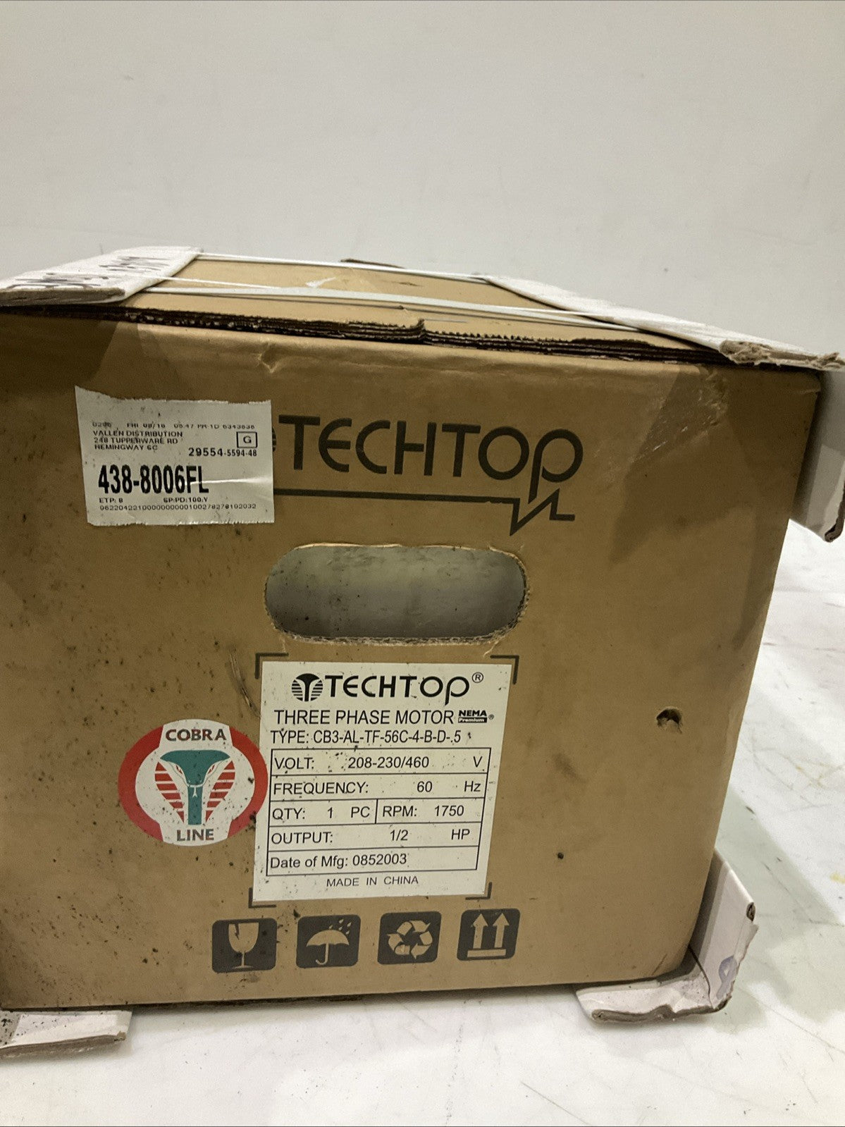 TECHTOP  CB3-AL-TF-56C-4-B-D-.5 THREE PHASE  MOTOR  60HZ RPM 1750 1/2HP R5T