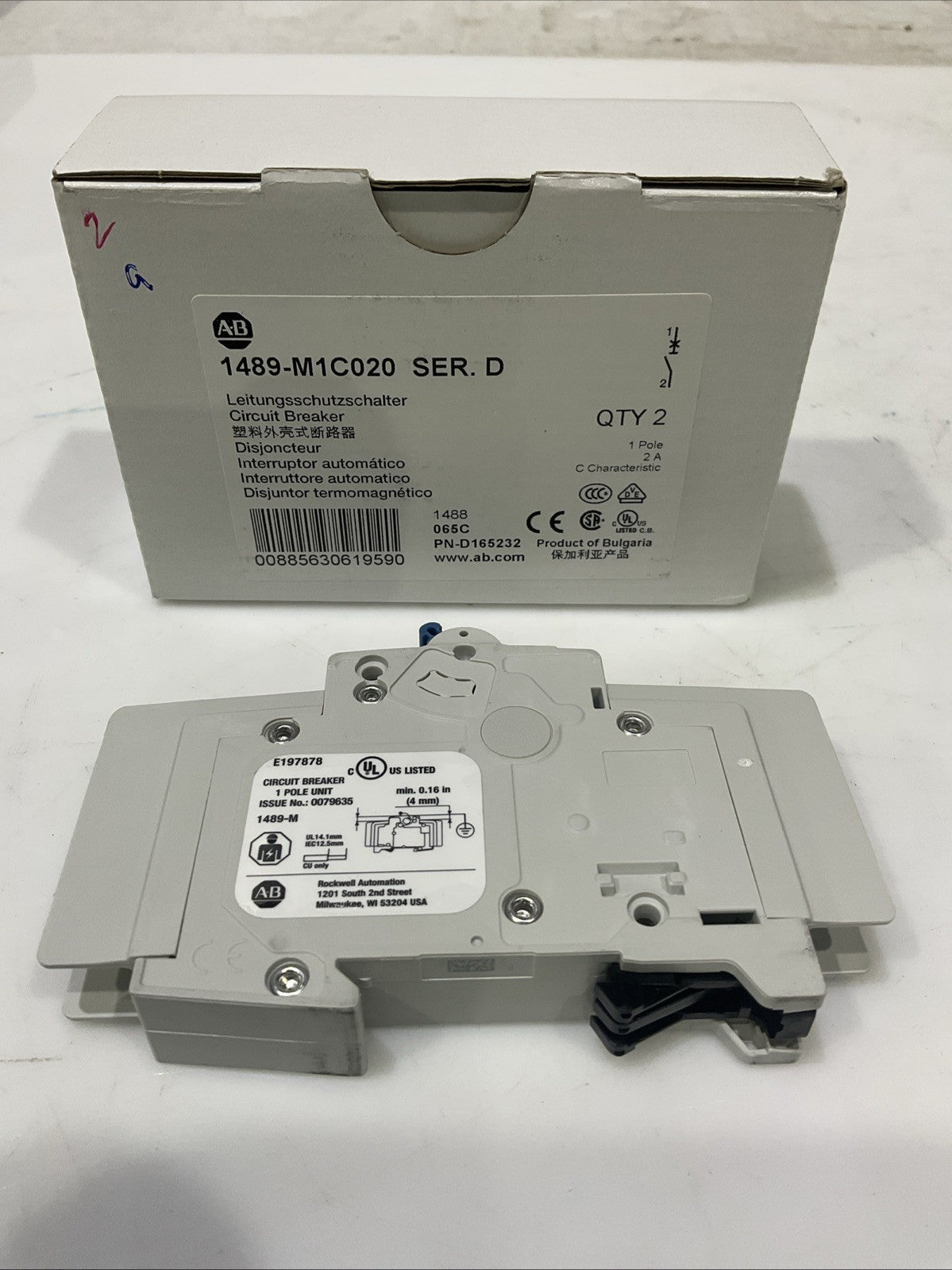 A-B  ALLEN BRADLEY   1489-M1C020   2AMP 1POLE  MINIATURE  CIRCUIT BREAKER  H5P