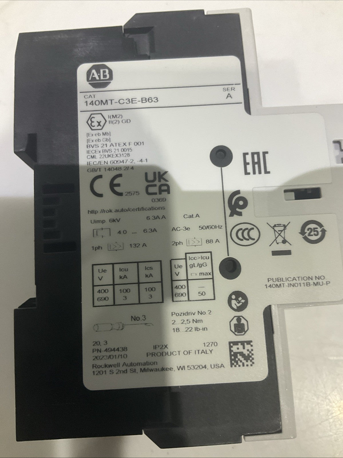AB- ALLEN  BRADLEY   14OMT-C3E-B63  3POLE C-FRAME  CIRCUIT BREAKER   H5P