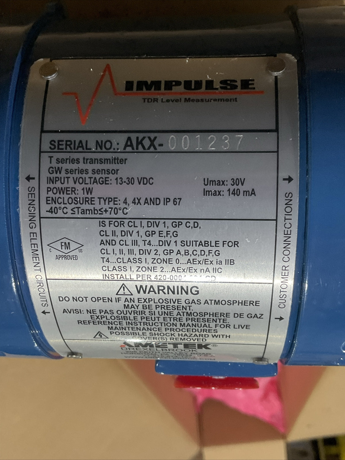 AMETEK DREXELBROOK AKX-001237 B1 NEW IMPULSE GUIDED WAVE RADAR TDR 13-30VDC 373