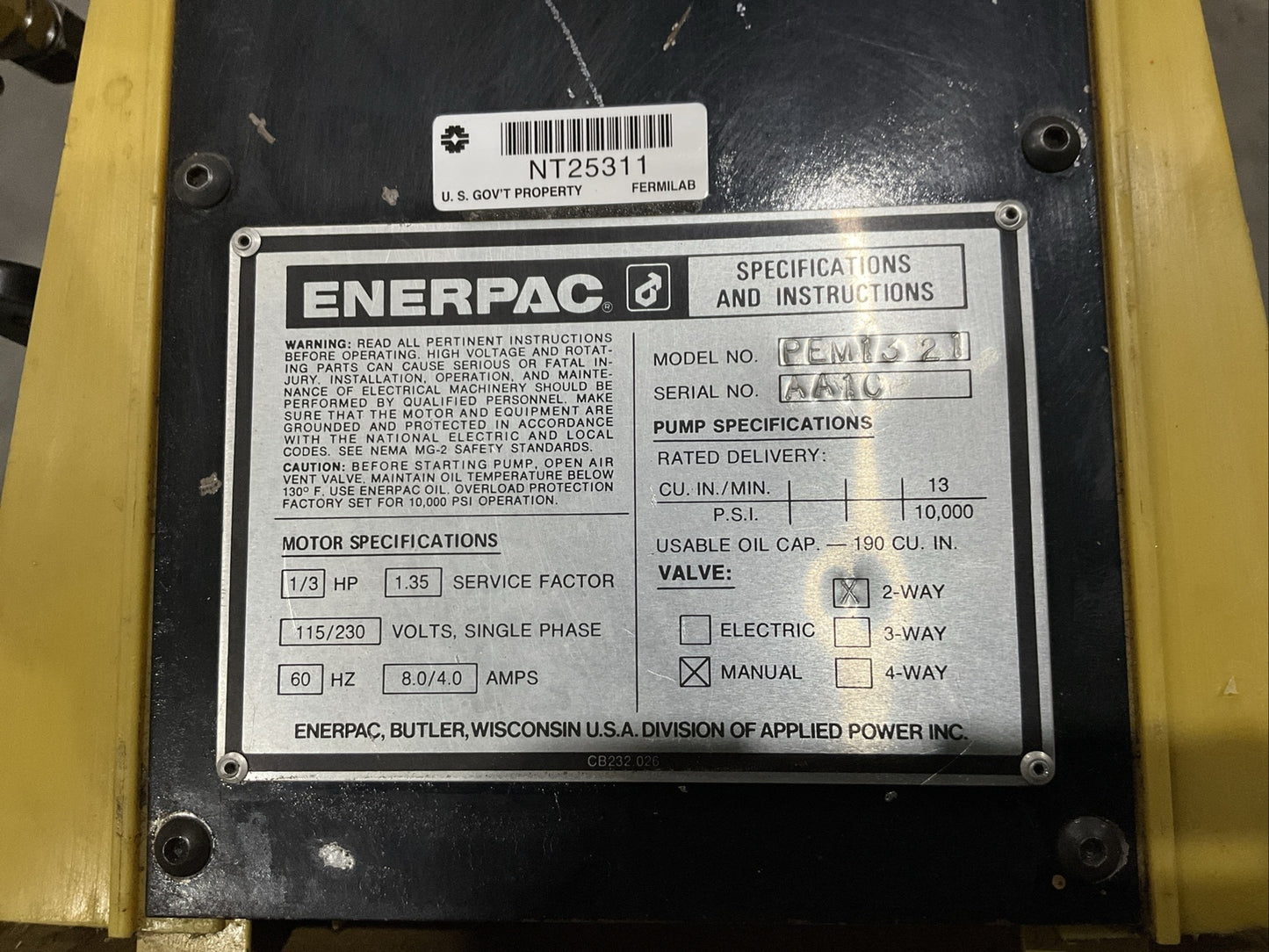 ENERPAC PEM1321 MANUAL HYDRAULIC PUMP 2-WAY 10000PSI 1PH 1/3HP 115/230V 60HZ
